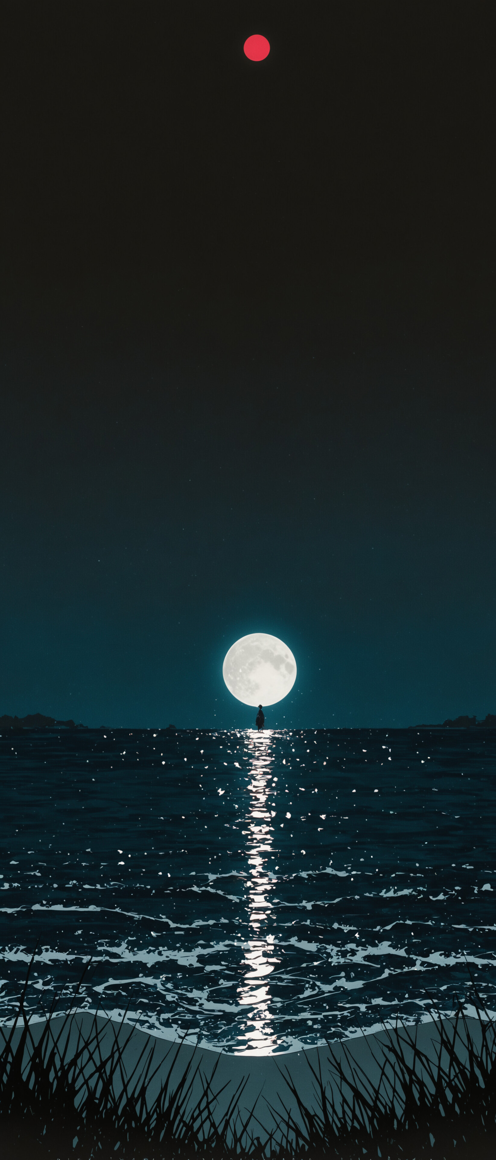 A digital illustration of a night scene with a large full moon over a dark ocean. In the foreground, a person is silhouetted against the view, while a small, glowing figure stands on the horizon in the moon's reflection.