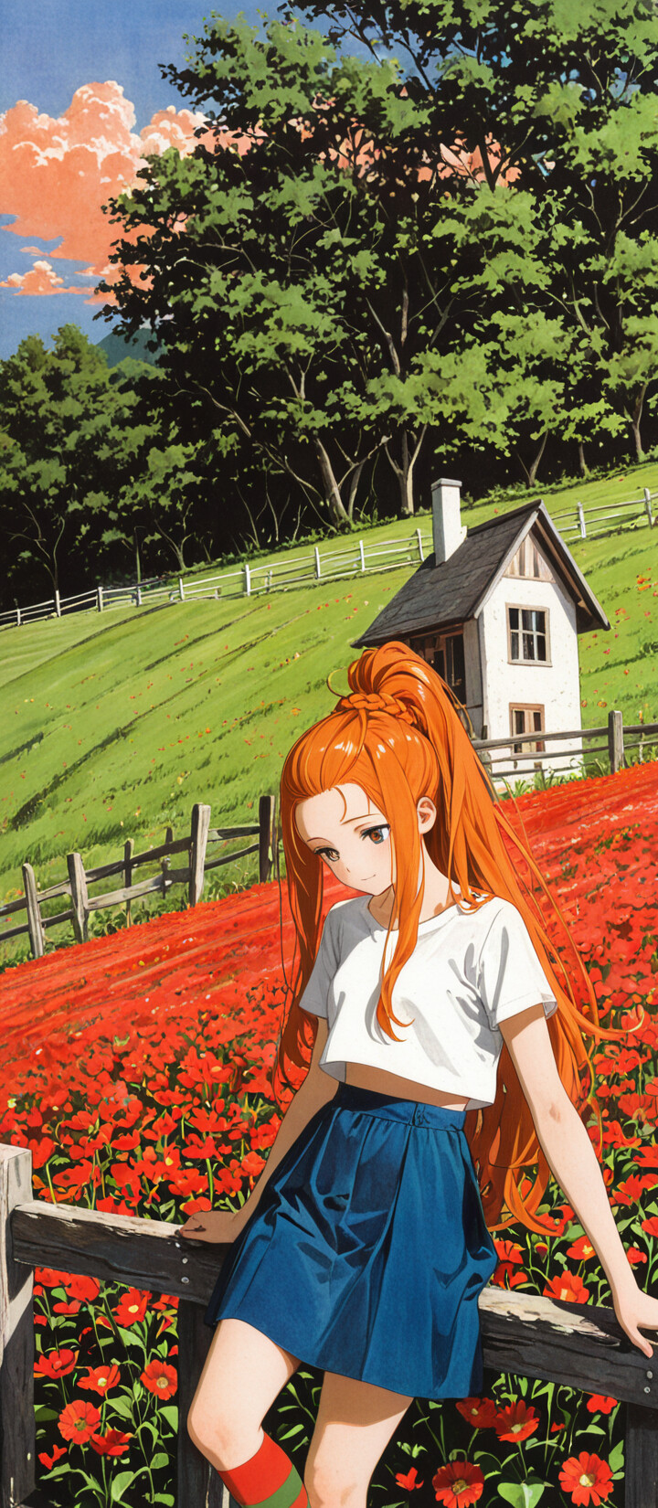 An anime-style girl with long orange hair in a ponytail and a blue skirt, leaning on a wooden fence and looking back over a field of yellow sunflowers. A small house is visible in the background under a dark, starry sky with large white clouds.