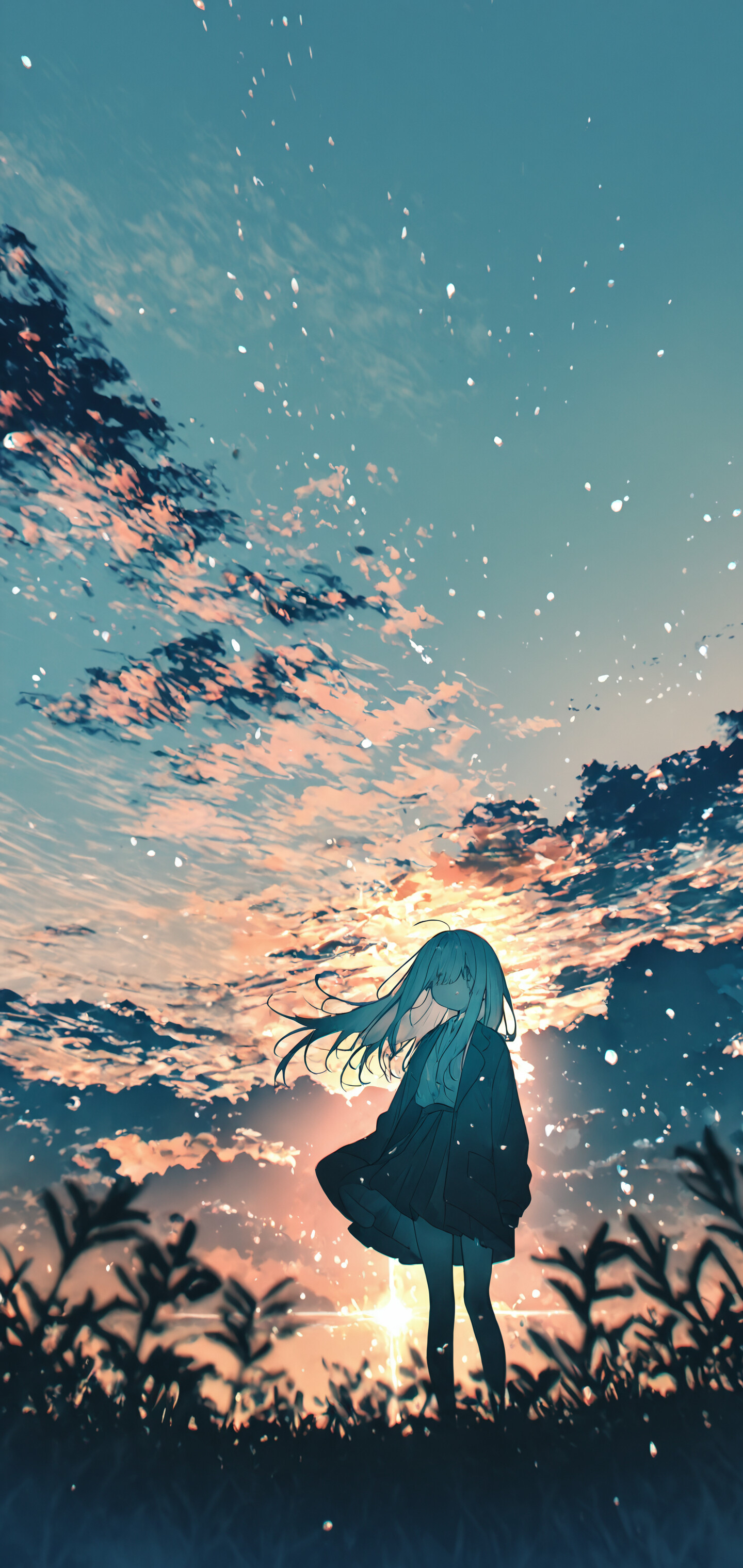 A digital illustration of a girl's silhouette standing on a dark, grassy hill at sunset. The field is filled with hundreds of glowing yellow orbs, resembling fireflies, both in the grass and floating in the air. The sky features a colorful sunset with soft clouds.