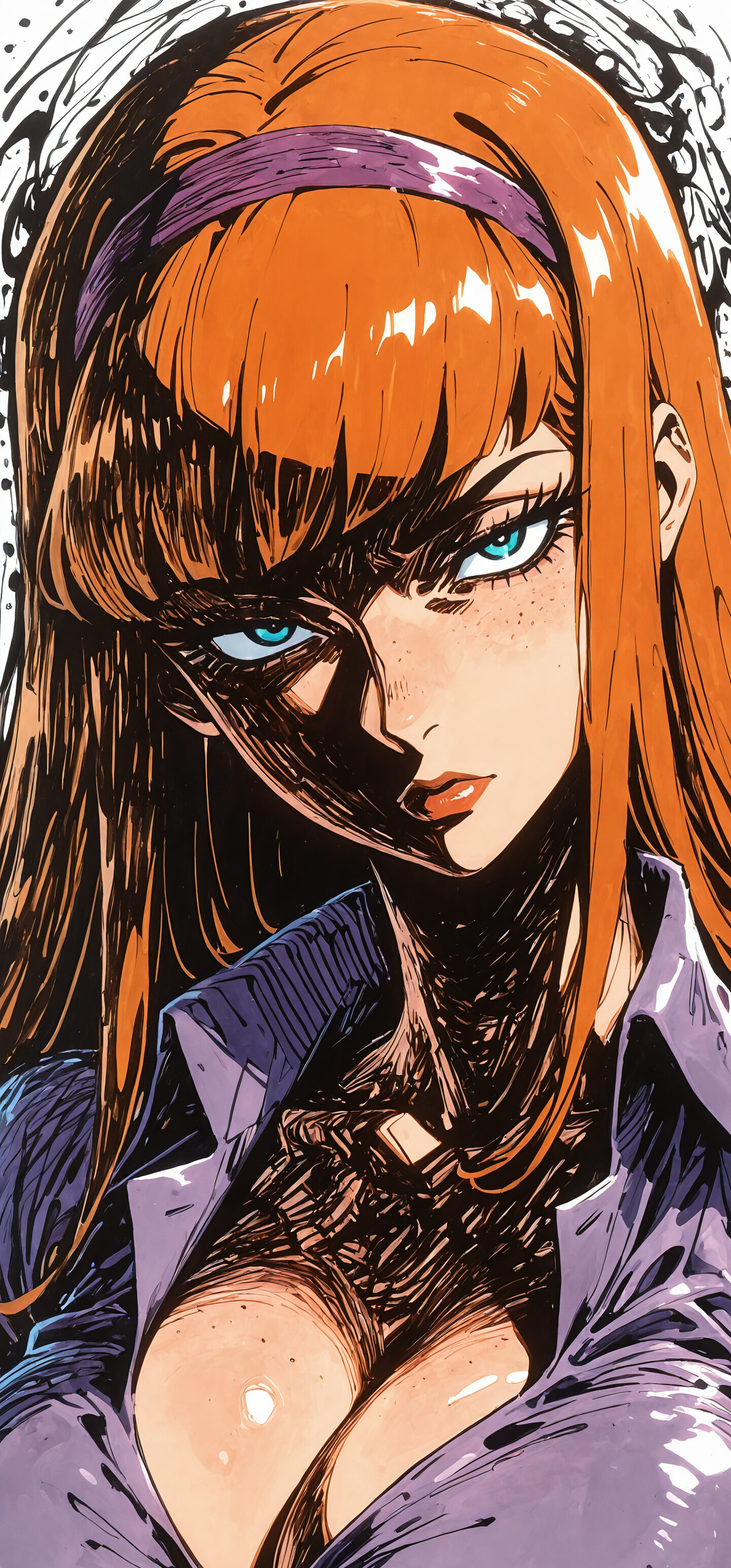 An anime-style bust portrait of Daphne Blake from Scooby-Doo. She has long orange hair, a purple headband, and a purple collared shirt, looking at the viewer with an intense and serious expression against an abstract black and white background.
