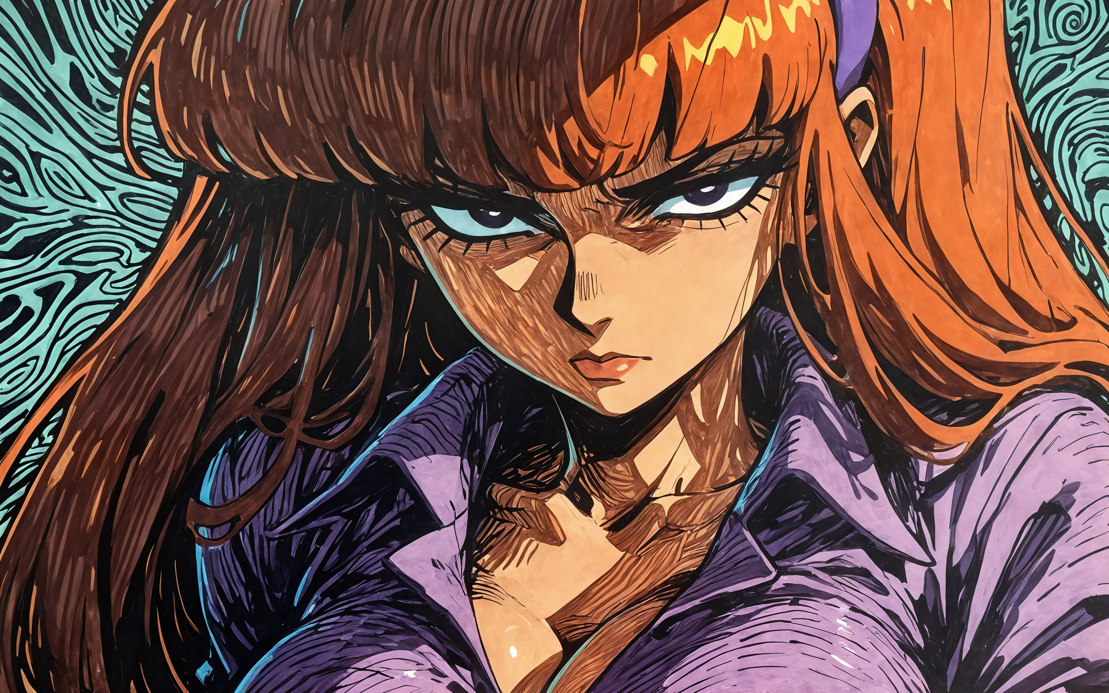 An anime-style bust portrait of Daphne Blake from Scooby-Doo. She has long orange hair, a purple headband, and a purple collared shirt, looking at the viewer with an intense and serious expression against an abstract black and white background.