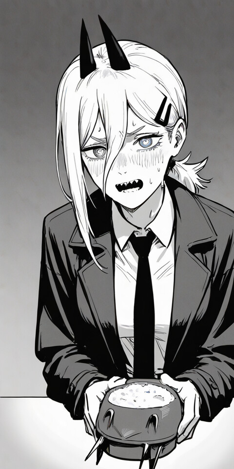 A monochrome anime-style drawing of Kobeni Higashiyama from Chainsaw Man. She looks very nervous, sweating and baring sharp teeth, while wearing her suit and tie.