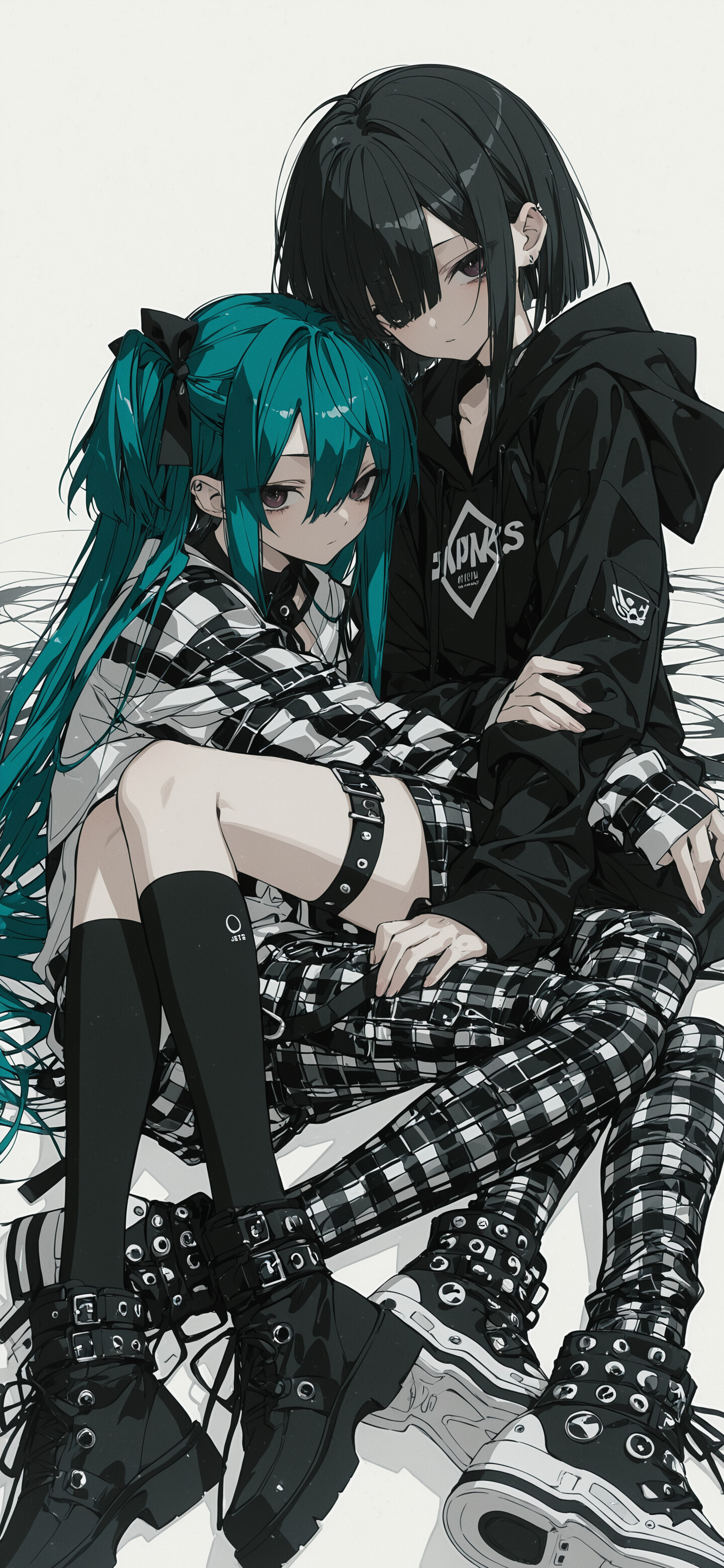 An anime illustration of two girls in an intimate pose. A girl with short black hair and red eyes leans closely over a girl with long blonde hair and blue eyes who is lying down and looking up at her.