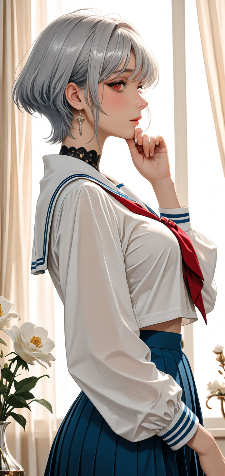 A close-up illustration of a silver-haired anime girl with red eyes in a Japanese sailor school uniform, lying on a bed in a sunlit room and looking at the camera.