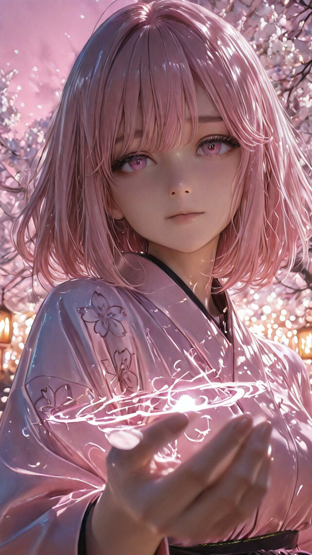 A close-up illustration of a young anime girl with short dark hair and vibrant pink eyes, wearing a shiny pink kimono with flower patterns. She holds her hand out with a bright ball of light floating above it, against a background of pink cherry blossoms.