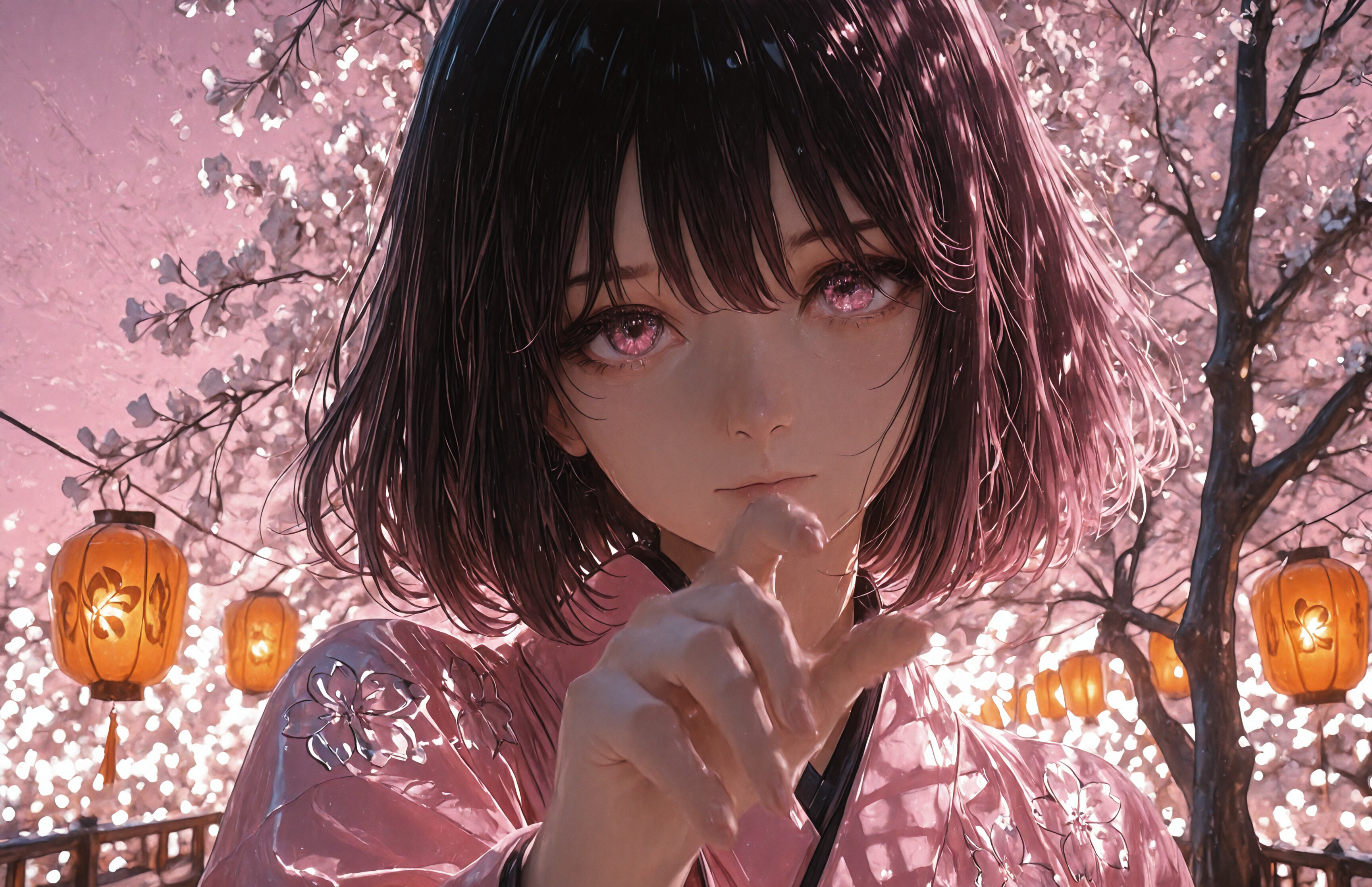A close-up illustration of a young anime girl with short dark hair and vibrant pink eyes, wearing a shiny pink kimono with flower patterns. She holds her hand out with a bright ball of light floating above it, against a background of pink cherry blossoms.