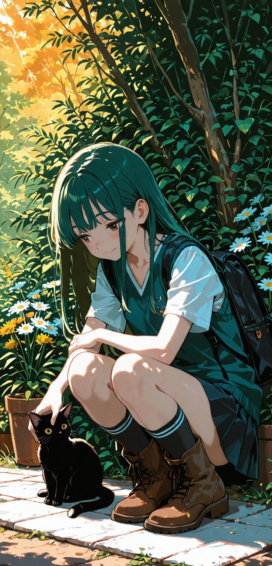 An anime-style girl with long green hair and a school uniform crouching down to gently pet a small black cat in a sunlit, overgrown garden.