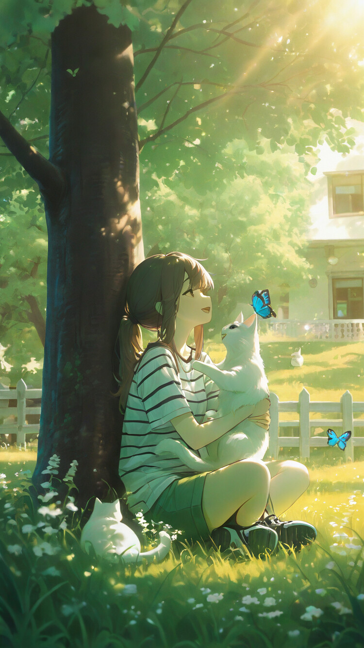 An anime-style girl with brown hair sits under a tree, holding a white cat on her lap and looking at a blue butterfly on her finger on a sunny day.