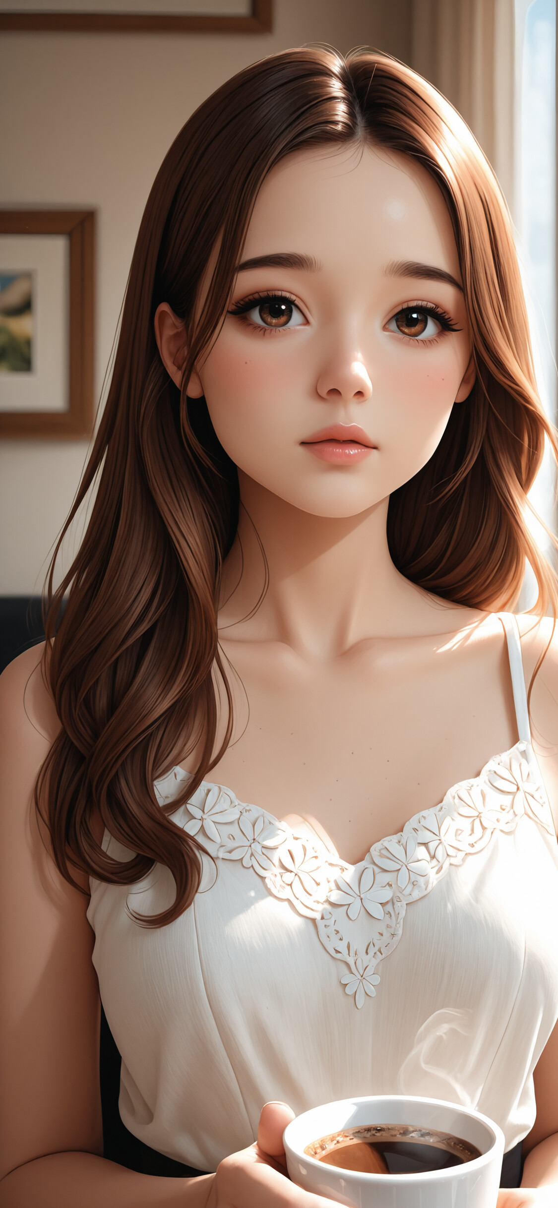 A digital illustration of a beautiful young woman with long brown hair and big brown eyes, wearing a white sleeveless top and holding a cup of coffee in a sunlit room.