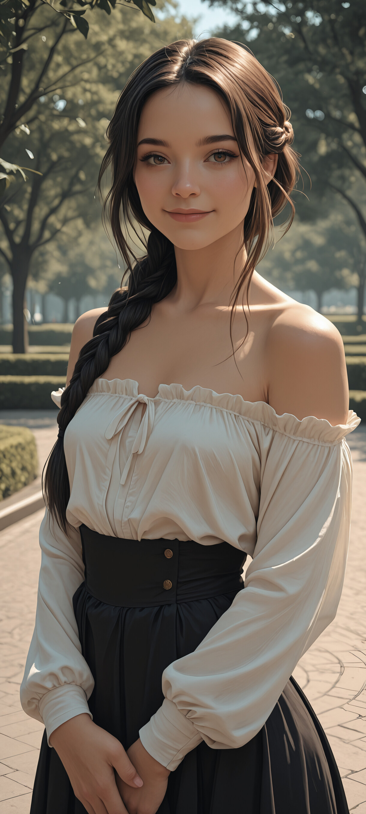 A young woman with long brown braided hair stands in a park. She is wearing a white off-the-shoulder blouse and a black skirt, with her hands folded in front of her, looking at the camera with a gentle smile.