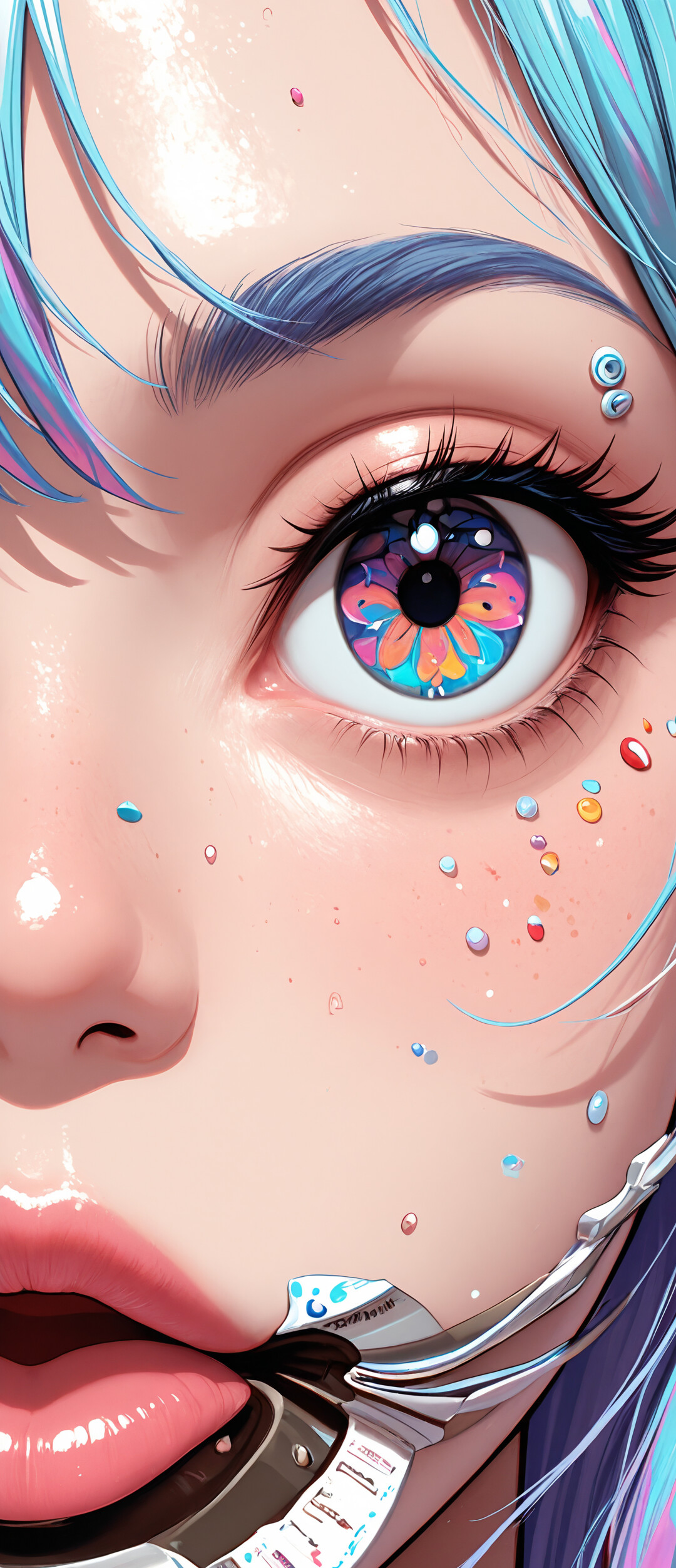 An extreme close-up of a beautifully illustrated eye with a colorful, kaleidoscopic iris in shades of pink, blue, and yellow, framed by long black lashes and blonde hair.