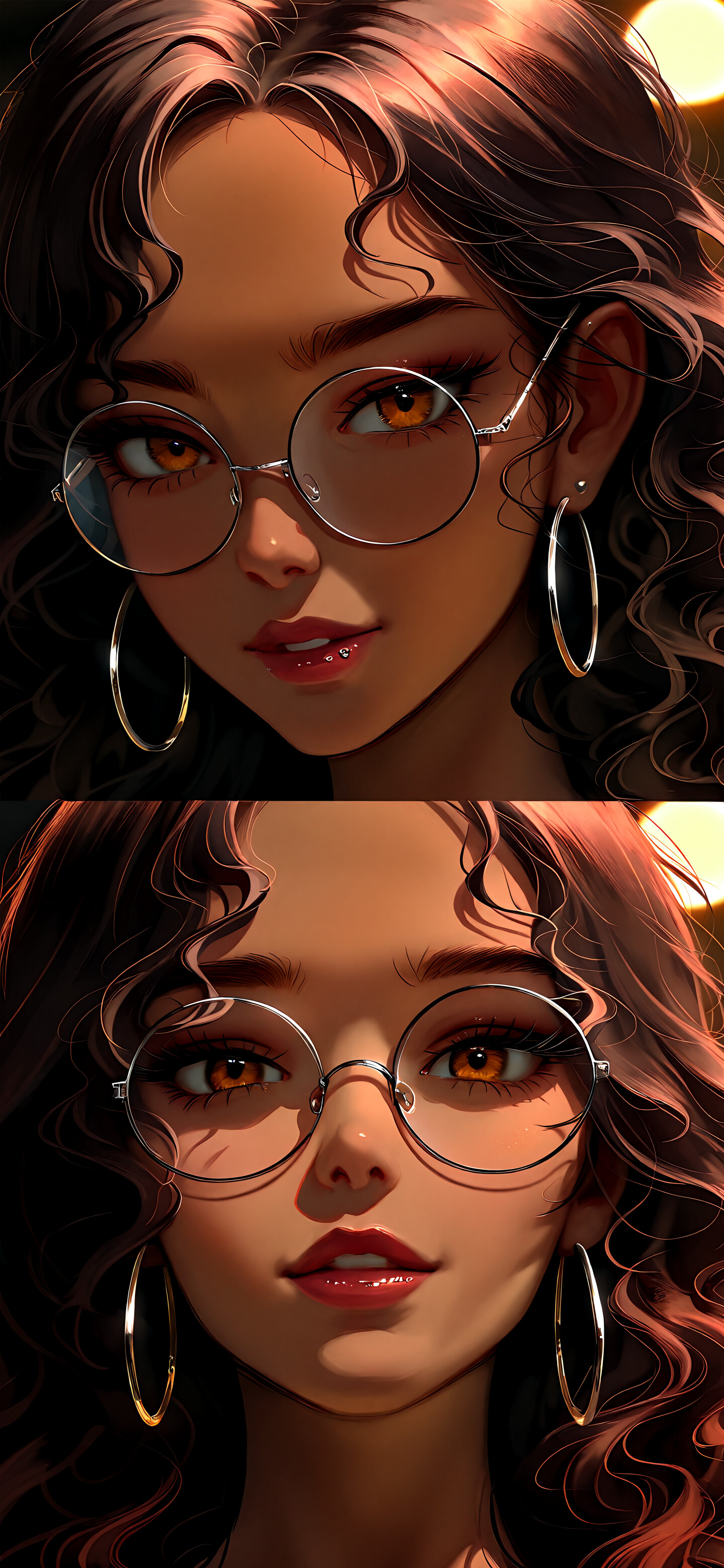 A detailed digital portrait of Priya from Turning Red. She has wavy dark hair, warm skin, and amber eyes. She is wearing round silver glasses and silver hoop earrings, looking slightly to the side with a calm expression.