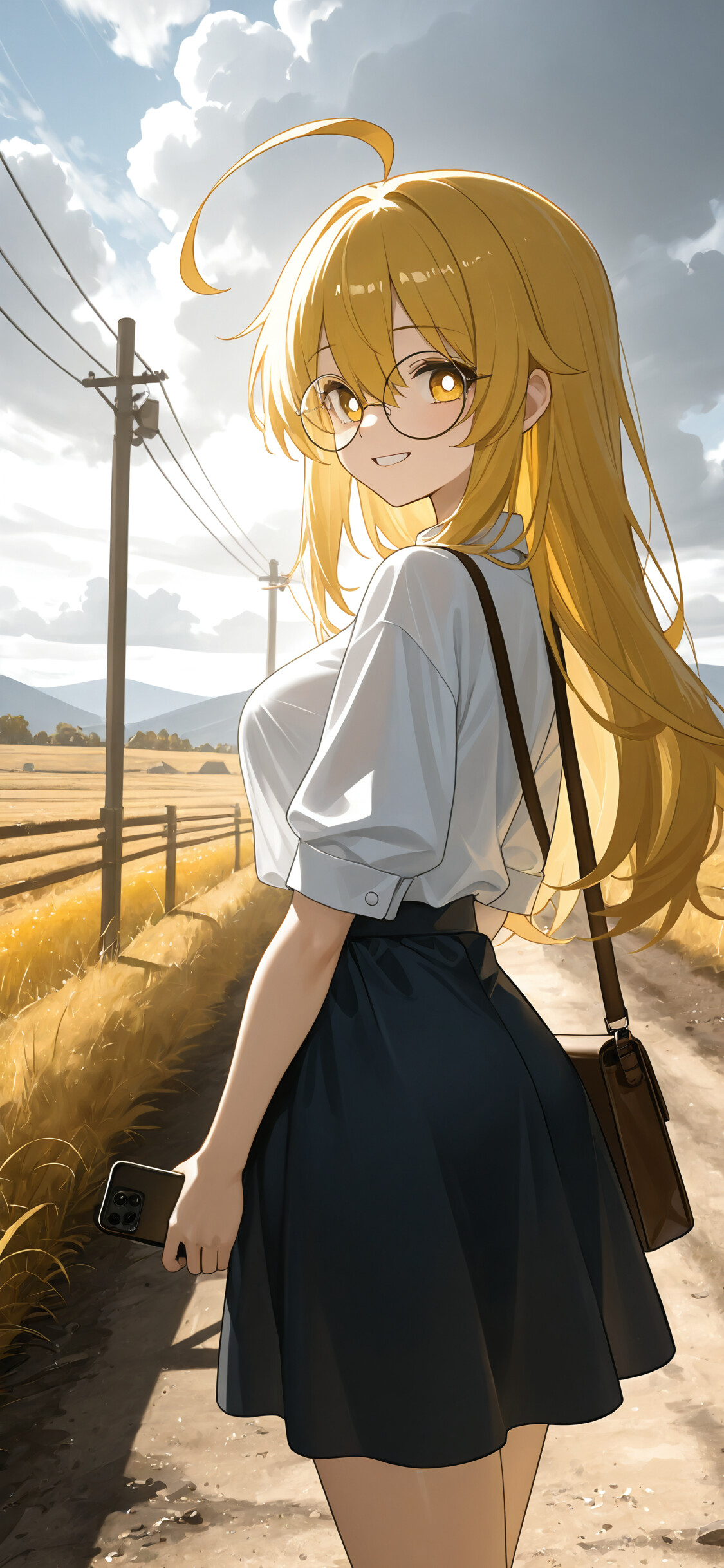 An anime illustration of Kotama from Blue Archive, a blonde girl with glasses and a halo, standing on a dirt road in the countryside at sunset. She is looking back over her shoulder and smiling while holding a phone.