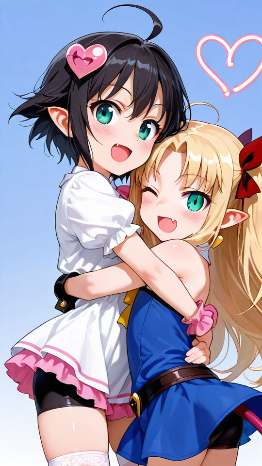 Astarotte and Asuhariet from Astarotte's Toy! sharing a happy hug. Astarotte, a blonde elf-like girl in a blue outfit, is being embraced by Asuhariet, a girl with short black hair in a white dress.