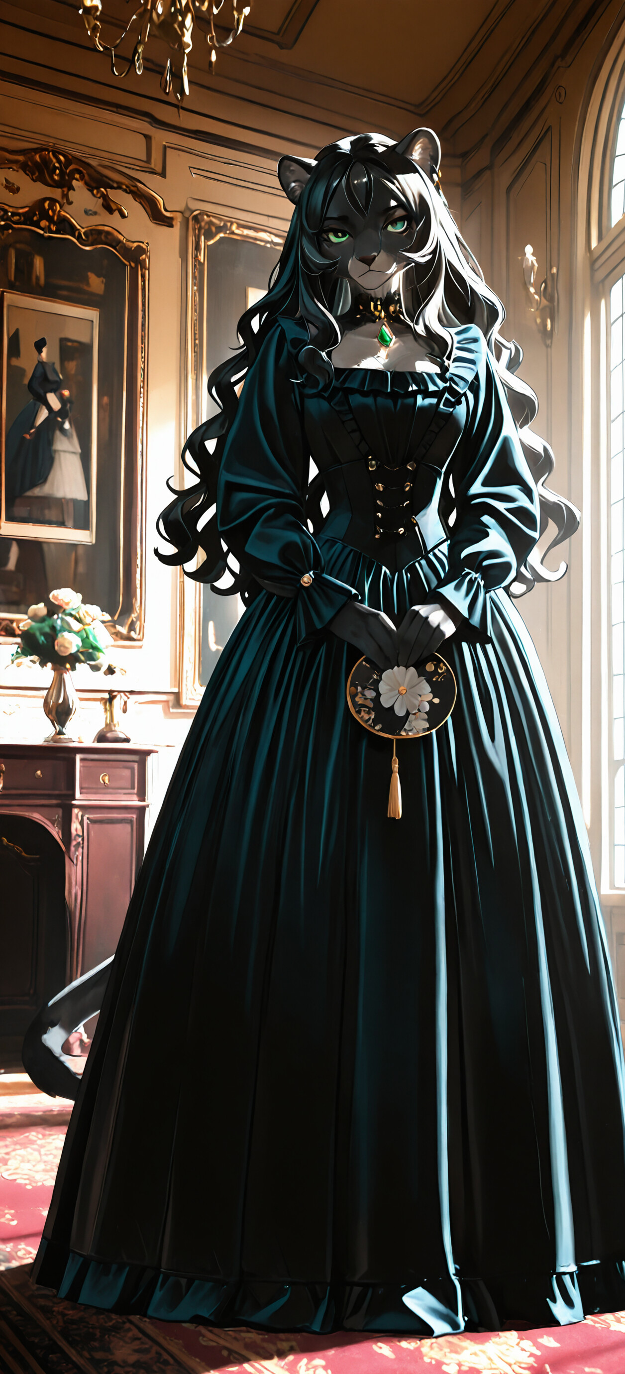 An anthropomorphic black panther woman with green eyes, dressed in an elegant black Victorian gown with a corset, stands inside a luxurious mansion holding a decorative fan.