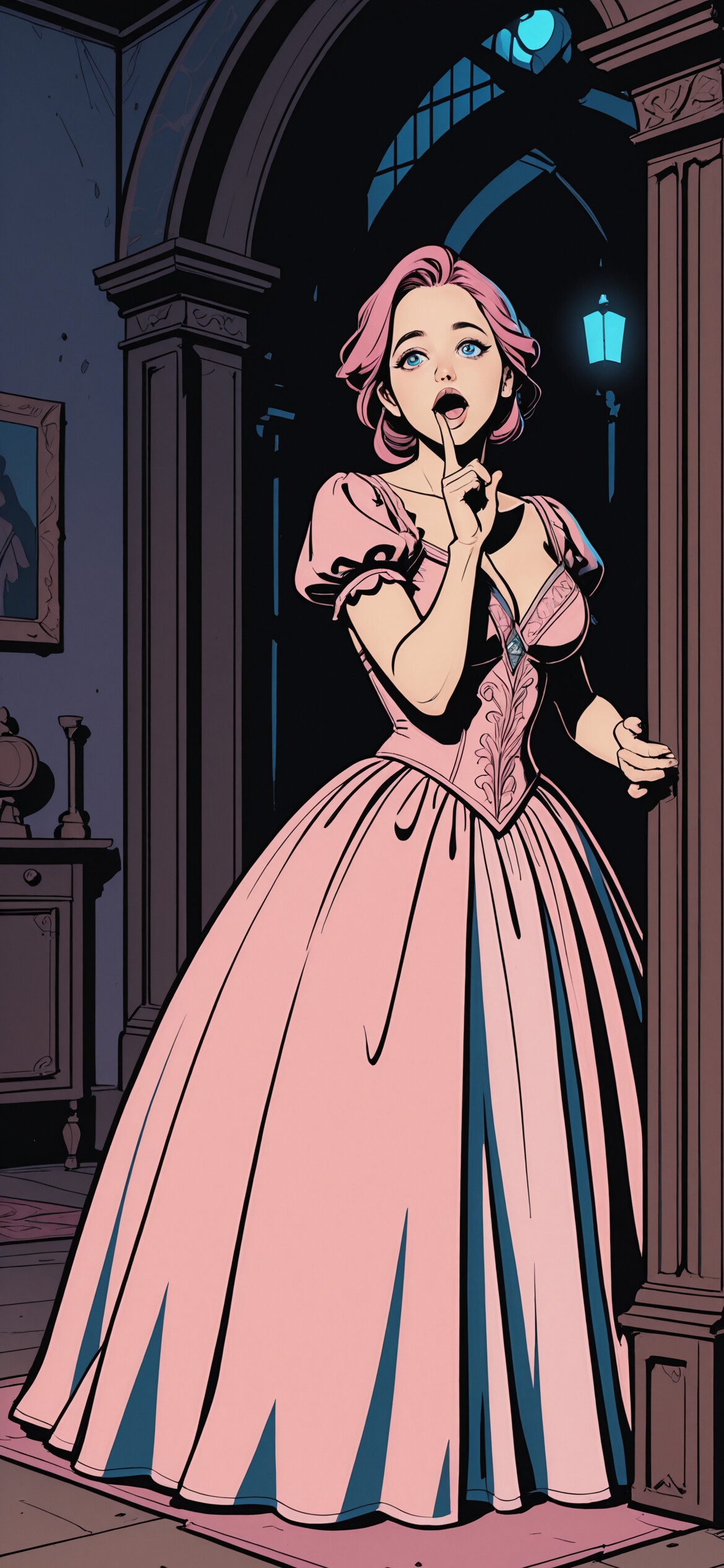 A woman with pink hair in a blue ball gown stands in a stone castle hallway, holding a finger to her lips to signal for silence.