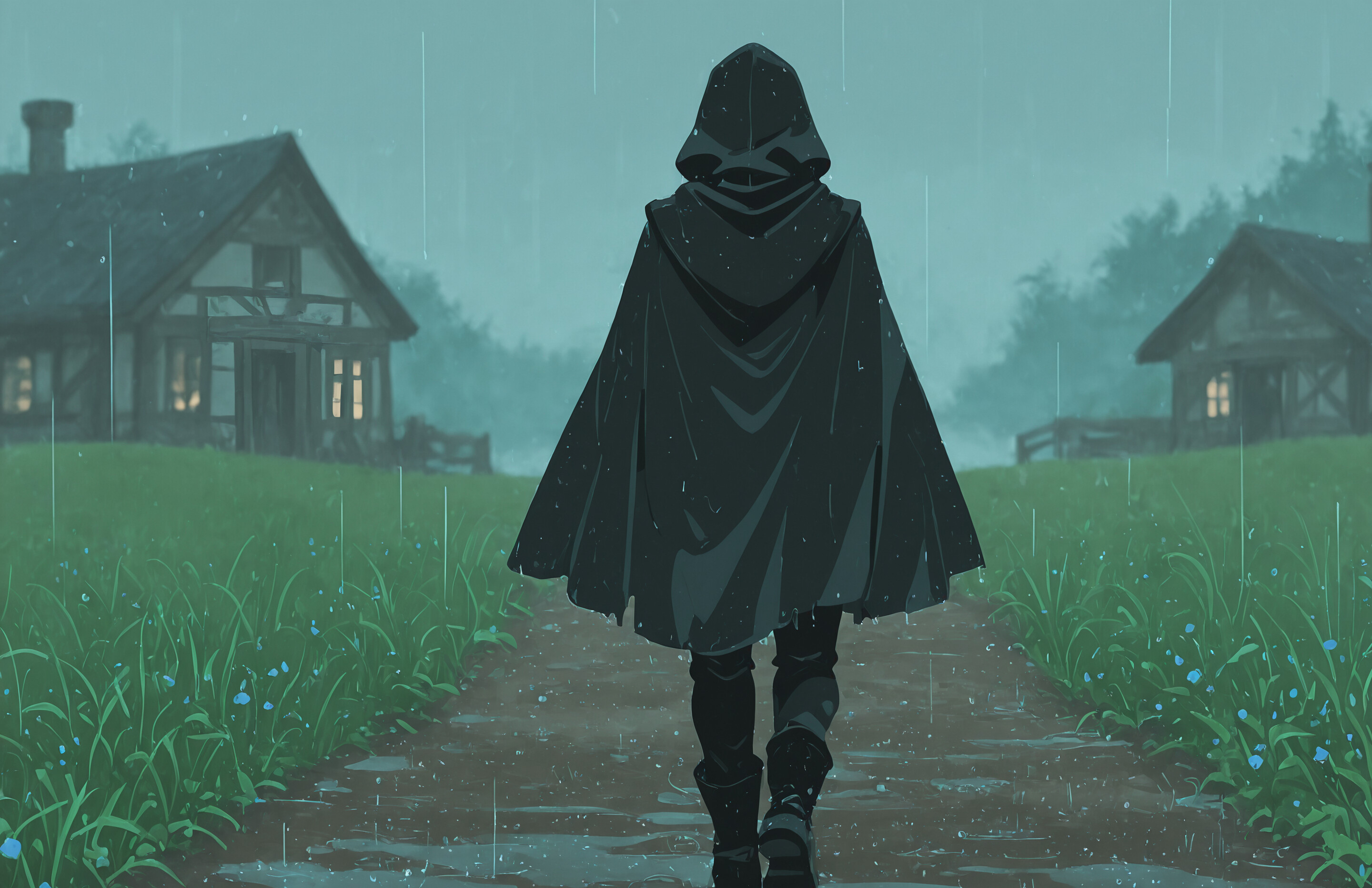 A figure in a black hooded cloak walks away from the viewer on a muddy path during a rainstorm. A small wooden house is visible in a green field to the left, with misty trees in the background.
