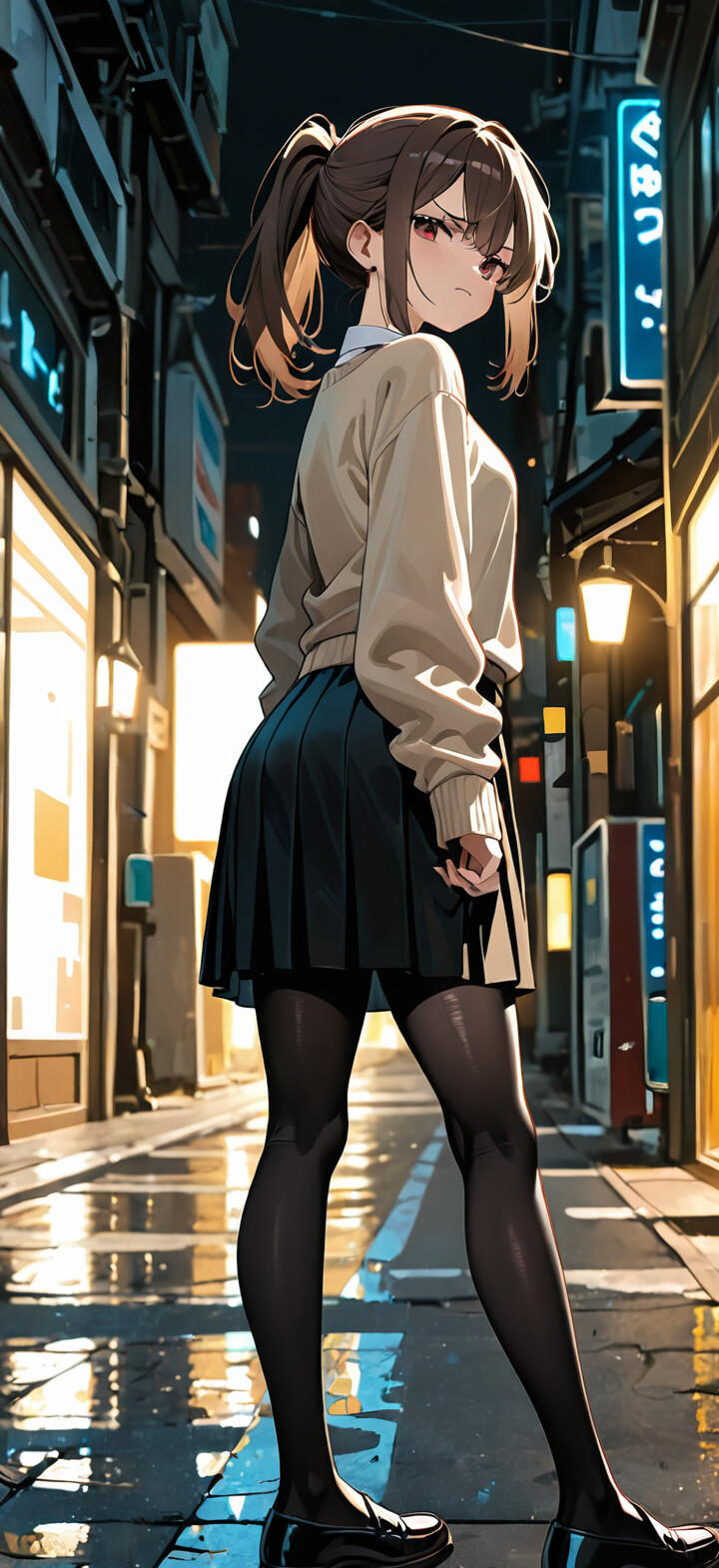 A full-body illustration of an anime girl with a brown ponytail, wearing a beige sweater and black skirt school uniform, standing on a deserted street and looking back over her shoulder with a scowl.