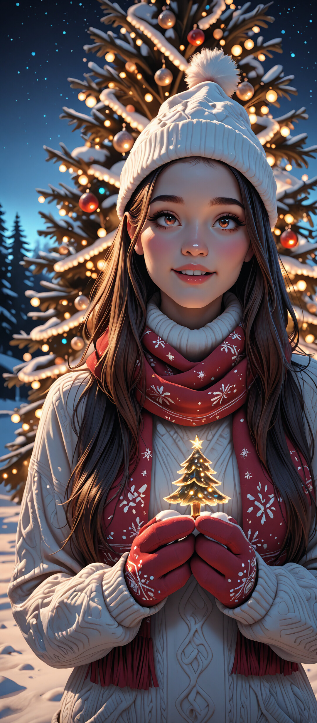 A young woman with green eyes wearing a white knit winter hat and sweater, smiling in a snowy scene at night with a large, lit Christmas tree and a cozy house in the background.