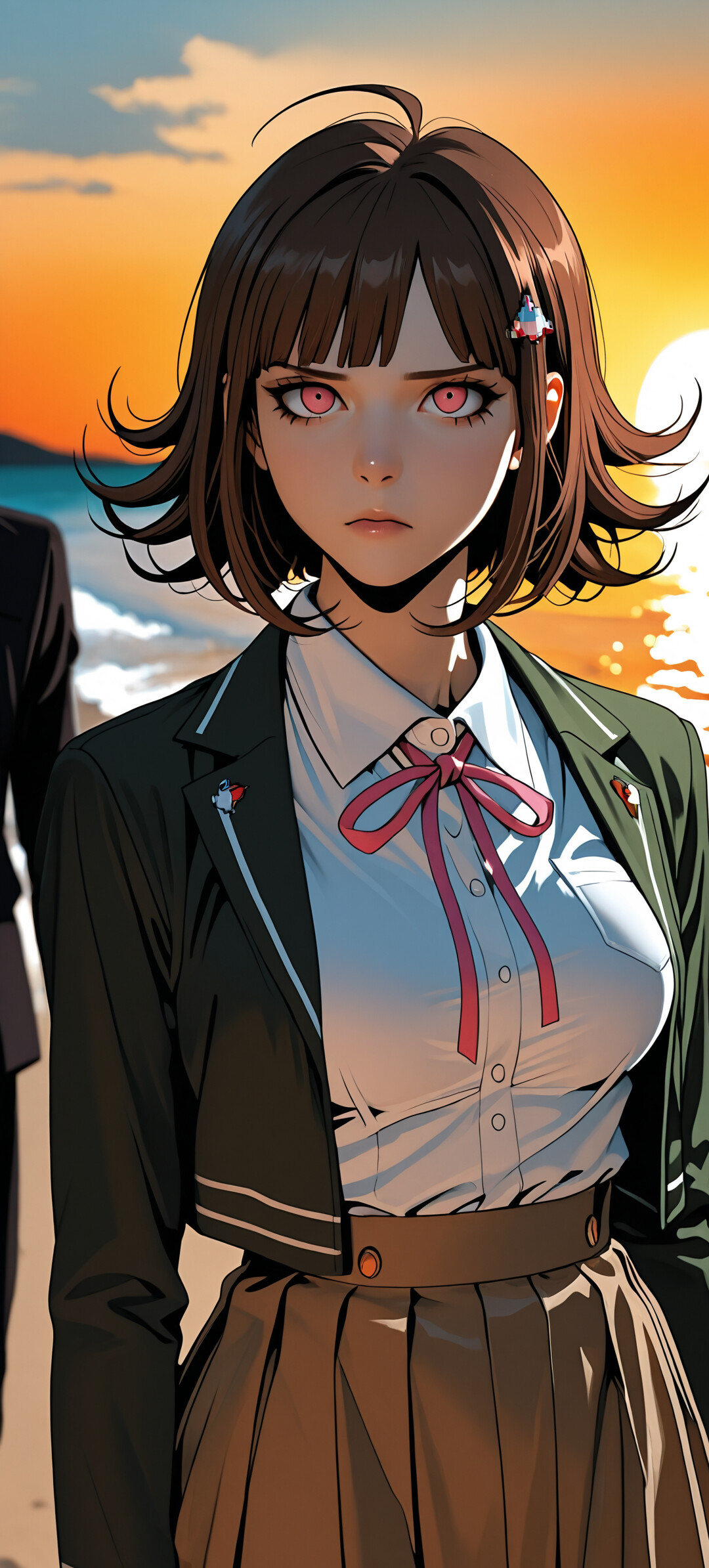 An anime-style illustration of Chiaki Nanami from Danganronpa 2 in her school uniform, standing on a beach at sunset, with Hajime Hinata's silhouette walking away in the background.