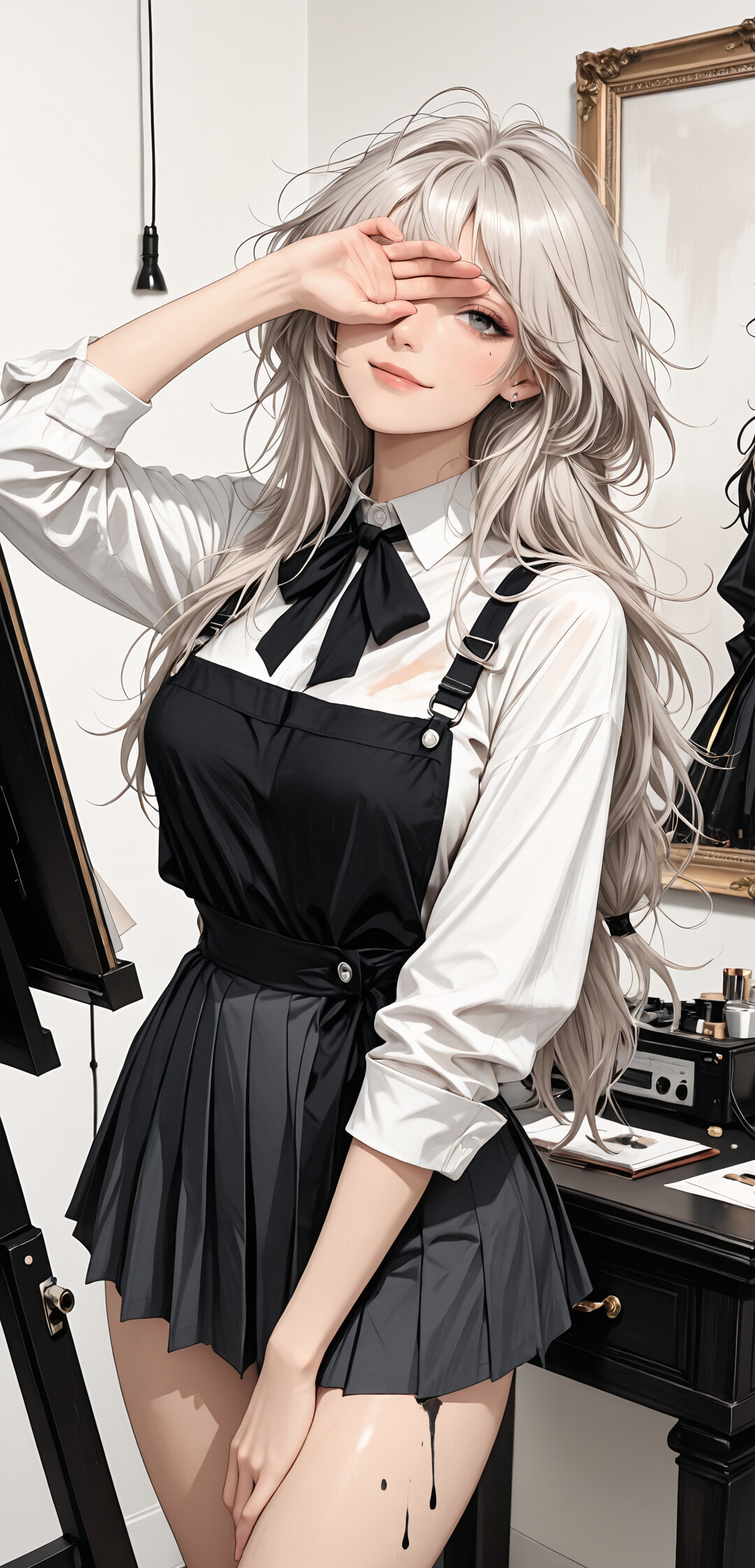 An anime-style illustration of a young woman with long silver hair and a black and white outfit standing in an art gallery in front of a large painting of a dark, anthropomorphic creature.