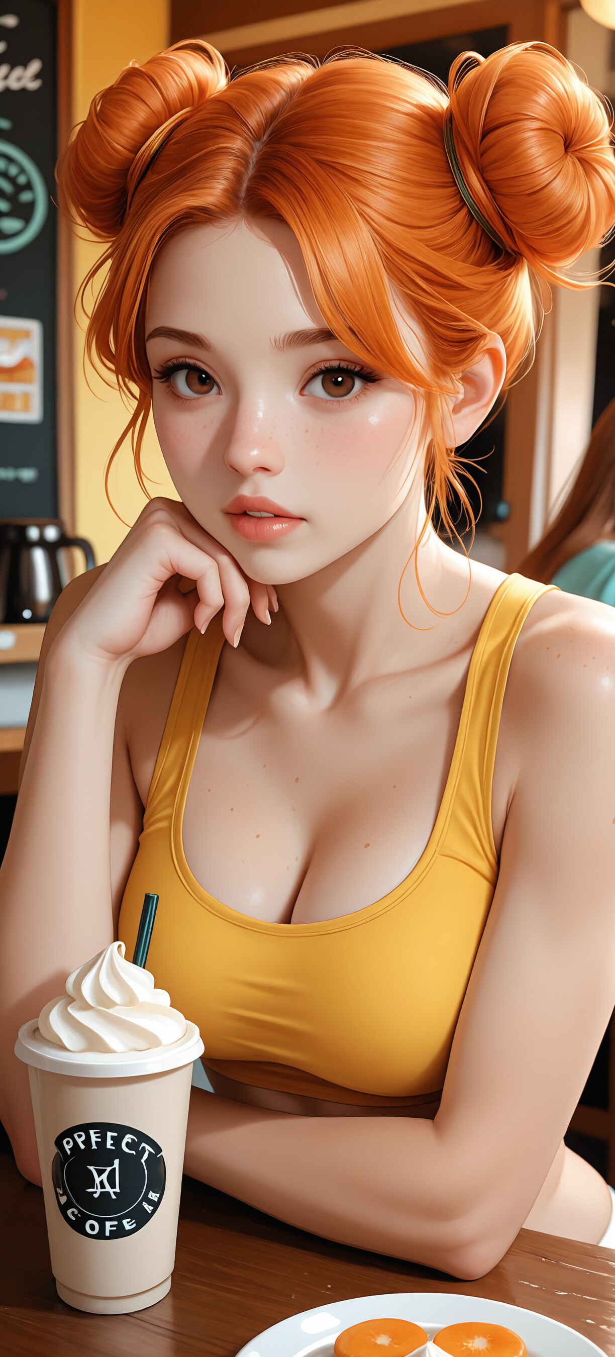 A realistic portrait of a young woman with bright orange hair in double buns and a yellow sports bra, sitting at a cafe table while holding a tall drink topped with whipped cream and looking directly at the camera.