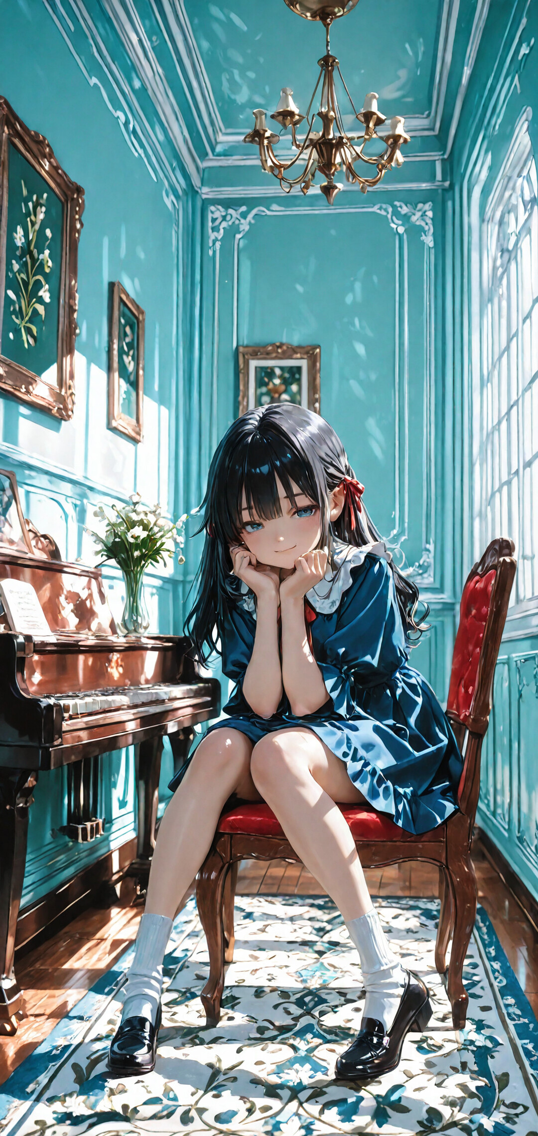 An anime girl in a light blue dress sits on a wooden chair in an ornate teal room, holding a bouquet of flowers with a piano to her left.