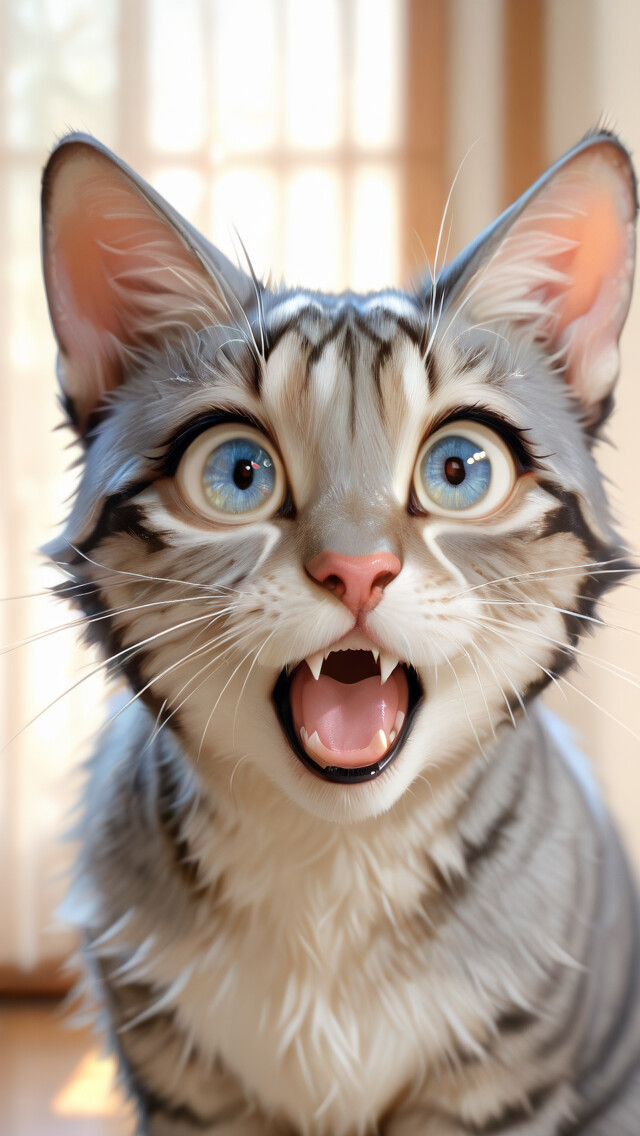 A close-up digital painting of a grey and white tabby cat looking up in shock, with its bright blue eyes wide and its mouth open in a gasp.