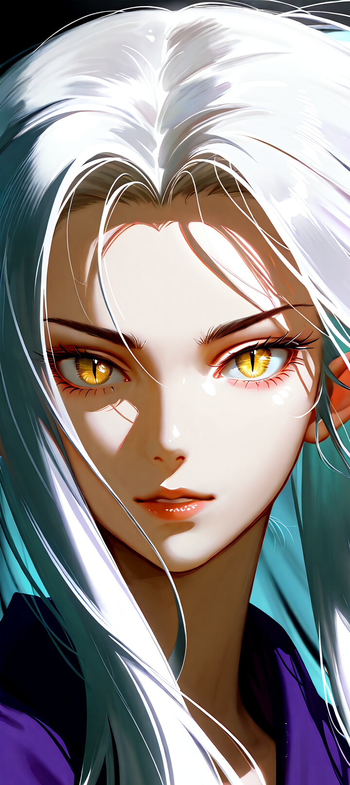 A detailed digital art portrait of Ryouko Hakubi from Tenchi Muyo!, an anime character with long silver hair, pointed ears, and intense golden eyes with slit pupils, looking at the viewer against a dark background.
