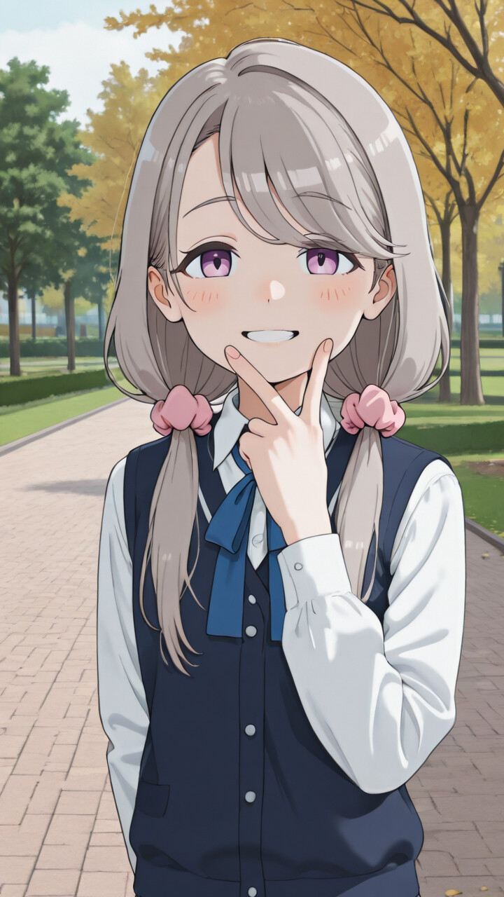 An anime girl, Shikishima Sakurako, with grey hair in low twintails and purple eyes, wearing a school uniform. She is standing in a park, smiling and holding a V-sign over her mouth.