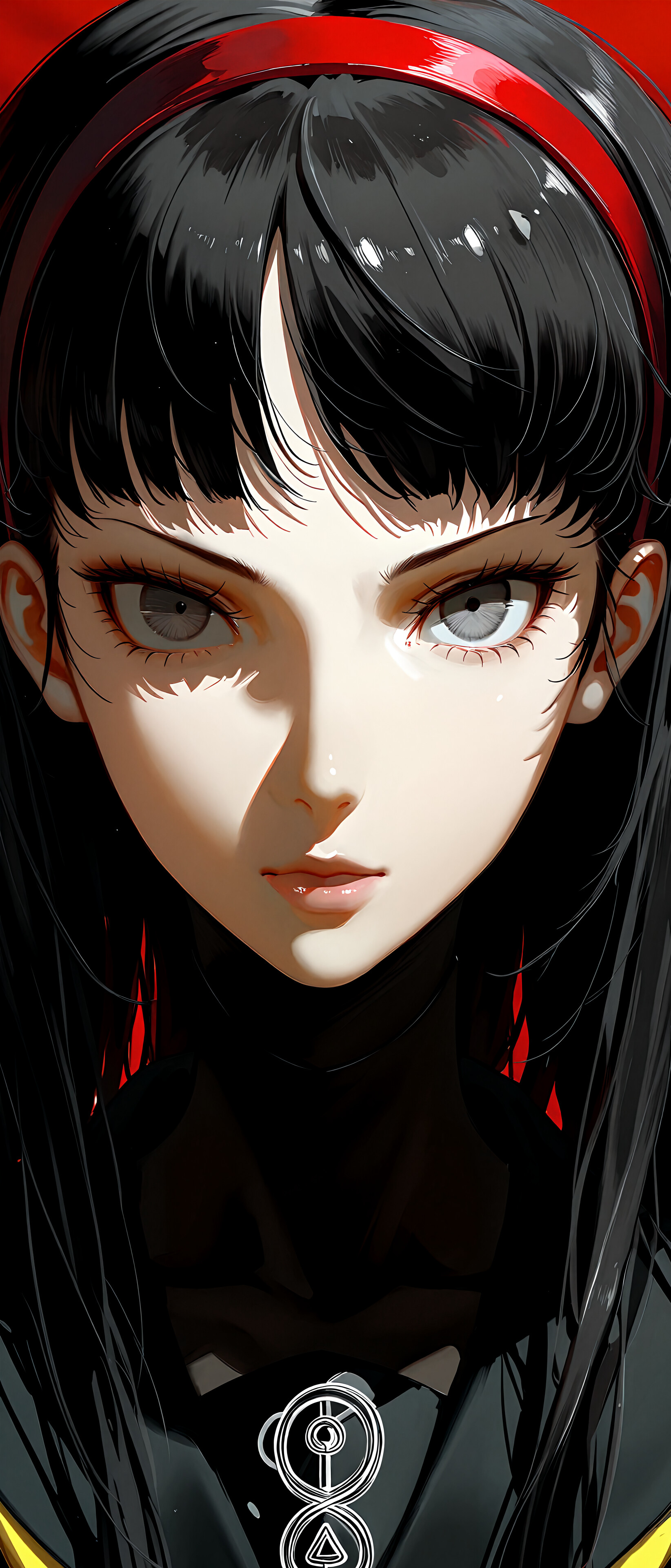 A close-up digital art portrait of Amagi Yukiko from Persona 4, featuring her long black hair, a prominent red headband, and detailed, light-colored eyes against a dark red background.