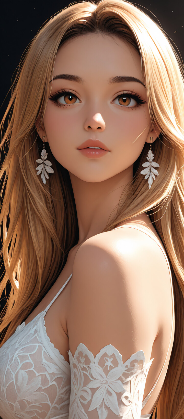 A detailed digital illustration of a beautiful young woman with long, dark hair in profile. She has fair skin, light green eyes, and is looking off to the side with a calm expression. Sunlight gently illuminates her face, and she is wearing a small silver earring and a white lace top against a muted blue-gray background.