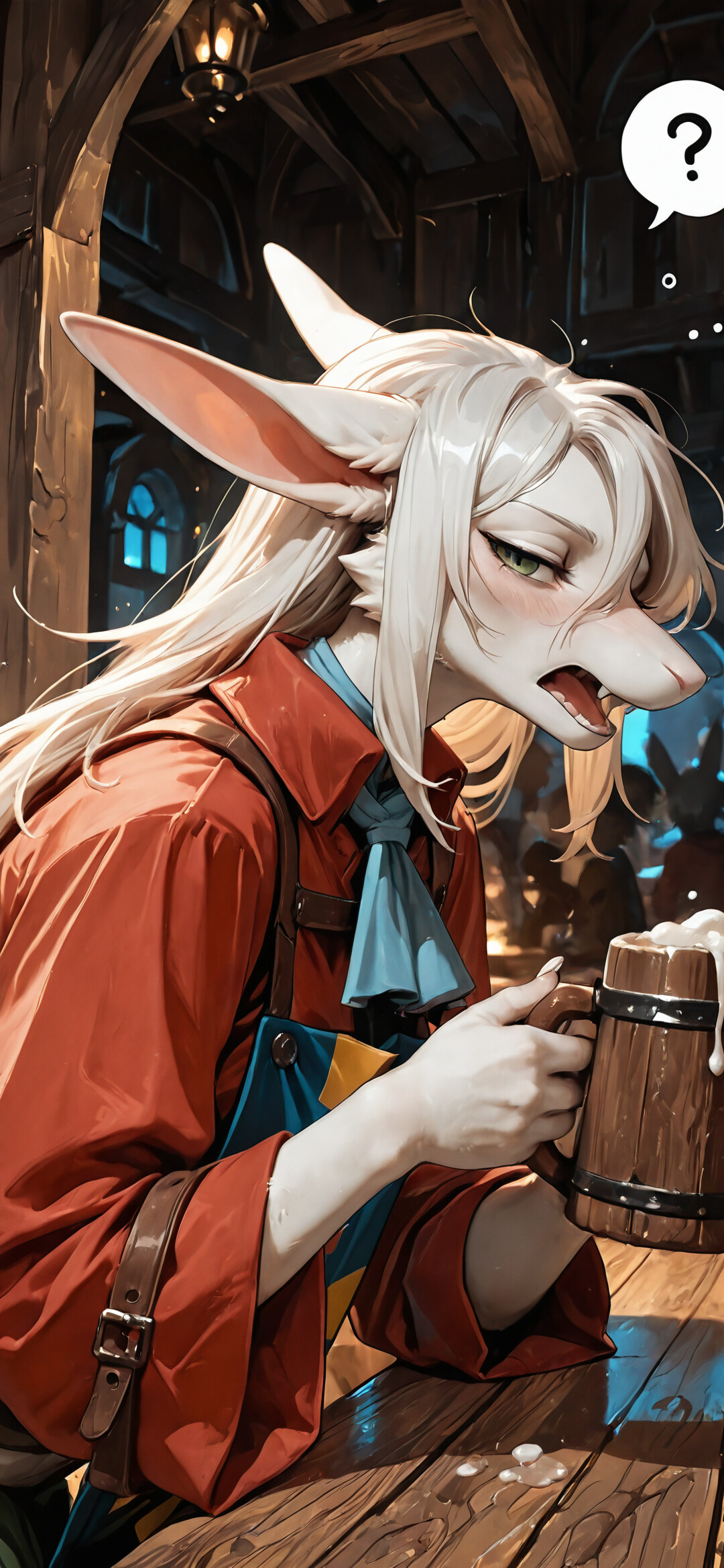 Freya Crescent from Final Fantasy IX, an anthropomorphic dragoon with white hair and a red coat, looking drunk and confused while holding a large wooden beer mug in a rustic tavern.