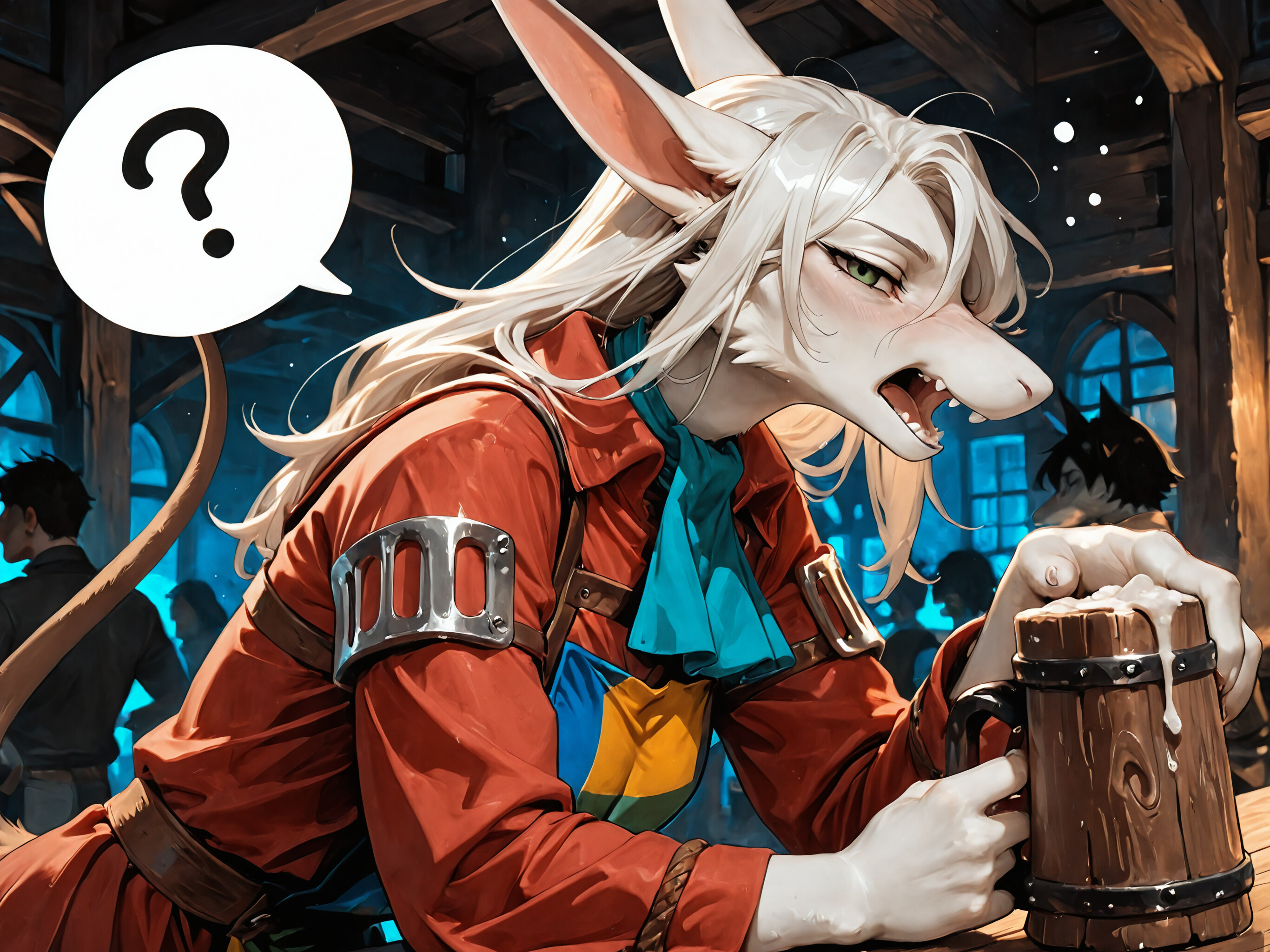 Freya Crescent from Final Fantasy IX, an anthropomorphic dragoon with white hair and a red coat, looking drunk and confused while holding a large wooden beer mug in a rustic tavern.