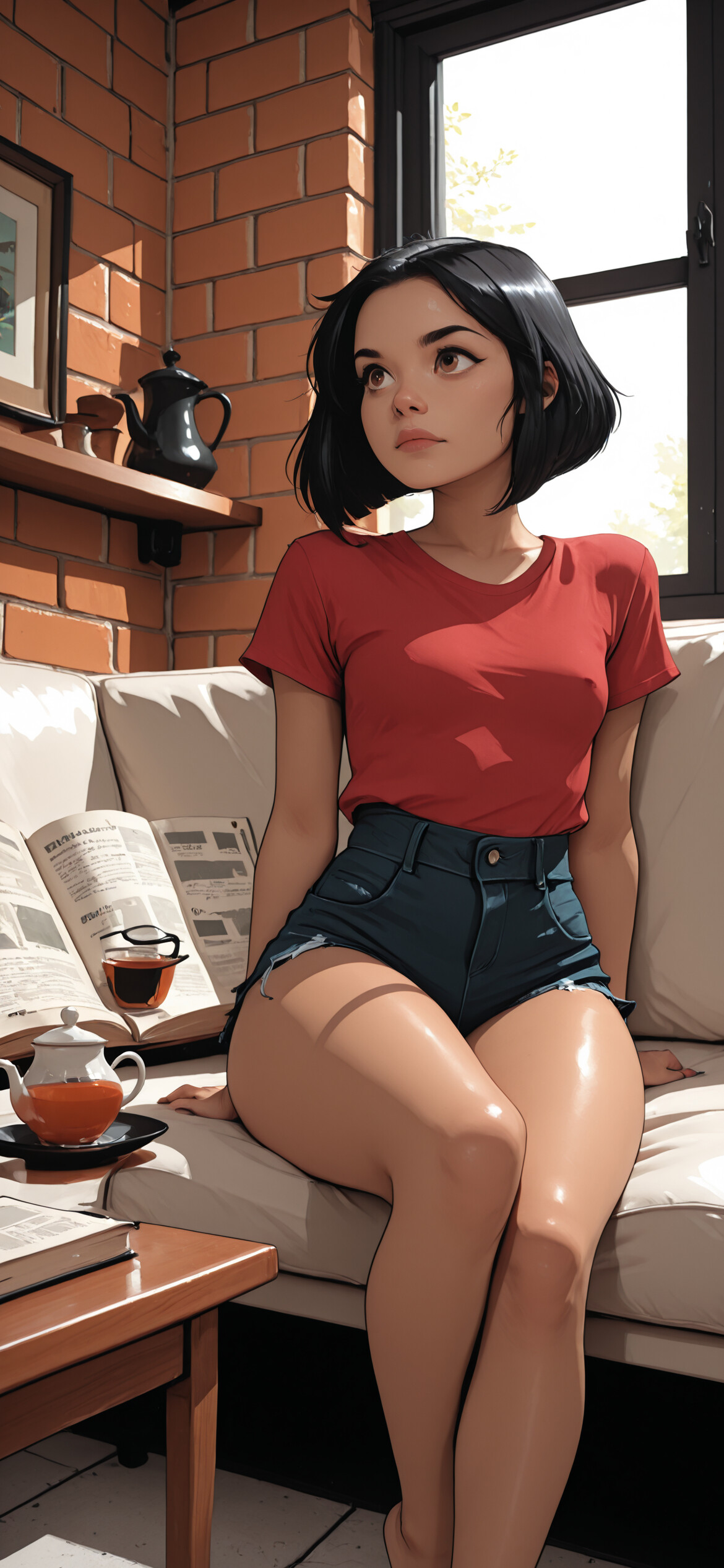 A digital illustration of a young woman with a black bob haircut, wearing a red shirt and ripped shorts, sitting on a white sofa next to a window in a room with brick walls.