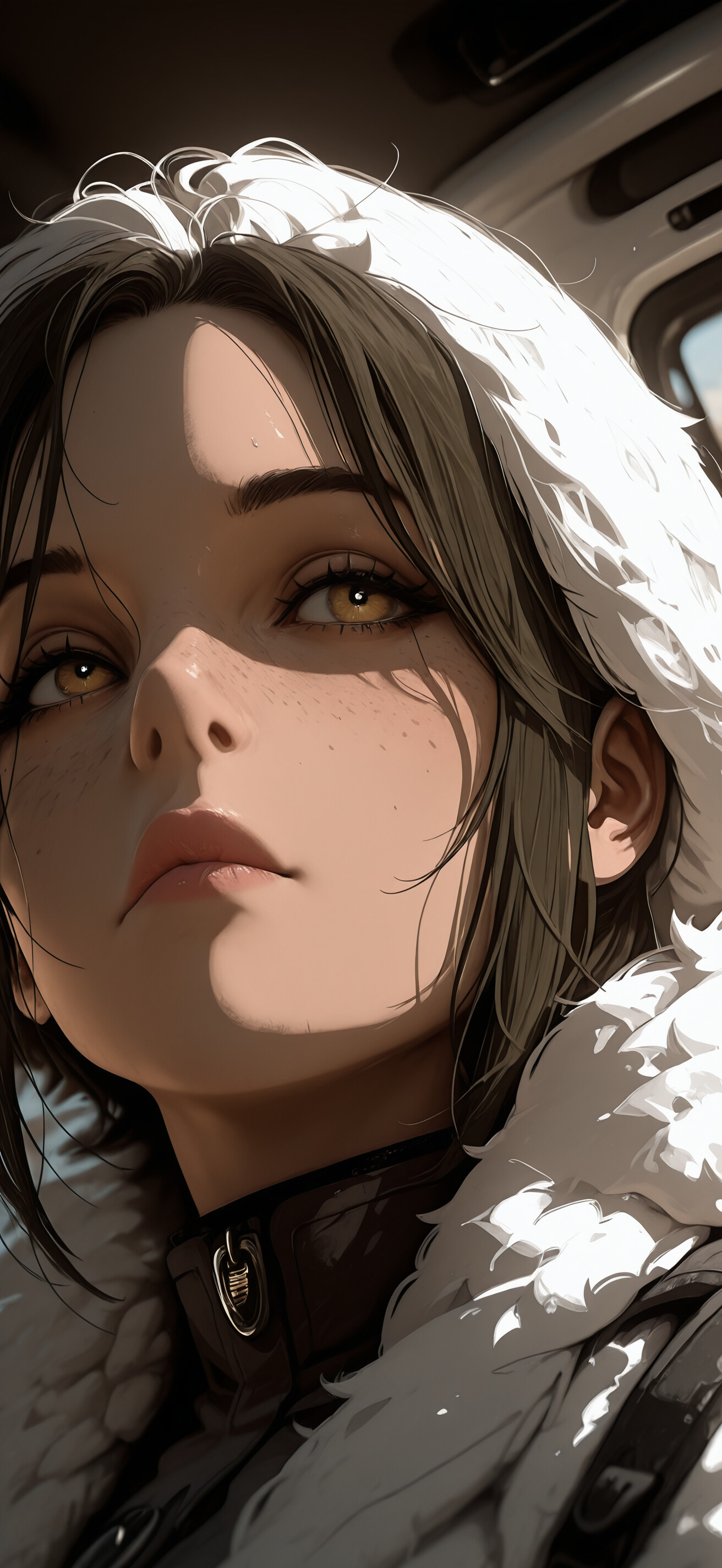 A detailed illustration of Ellie from The Last of Us, a young woman with brown hair and freckles, sitting in a car and looking thoughtfully into the distance. She is wearing a jacket with a white fur collar and a small black earring.