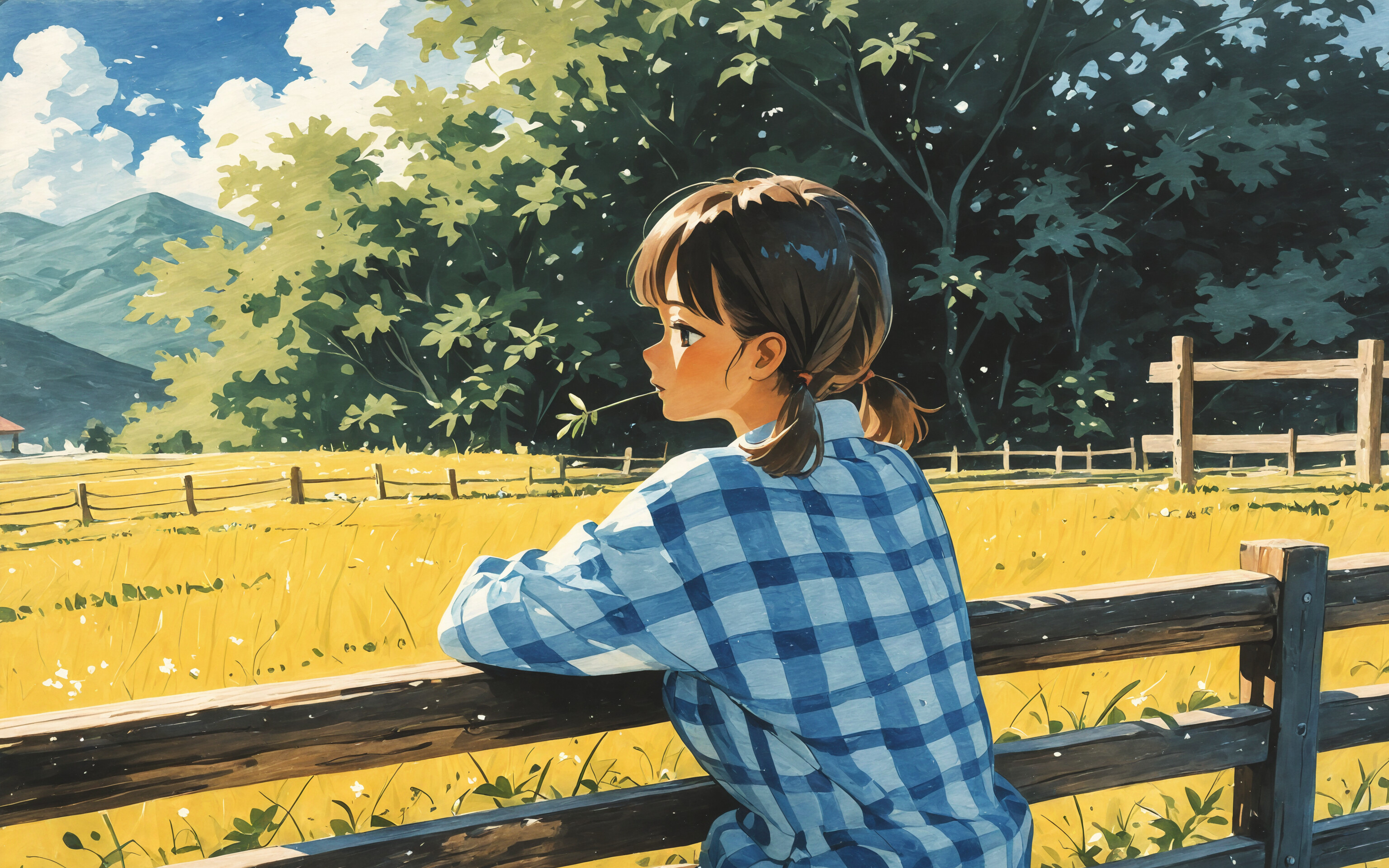 An anime-style illustration of a young woman with short brown pigtails, wearing a blue outfit and sitting on a wooden fence in a sunny, rural field with mountains in the background. She has a blade of grass in her mouth.