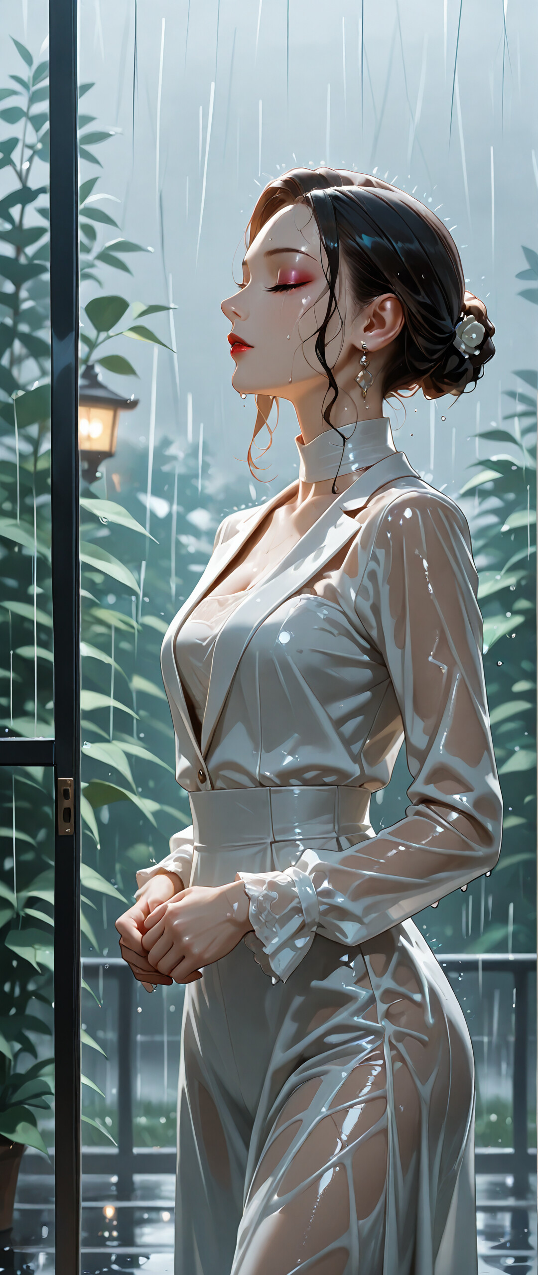 A serene portrait of an elegant woman with dark hair and makeup, her eyes closed as she stands in the rain. She is wearing a sophisticated wet white dress with sheer sleeves and a high collar.