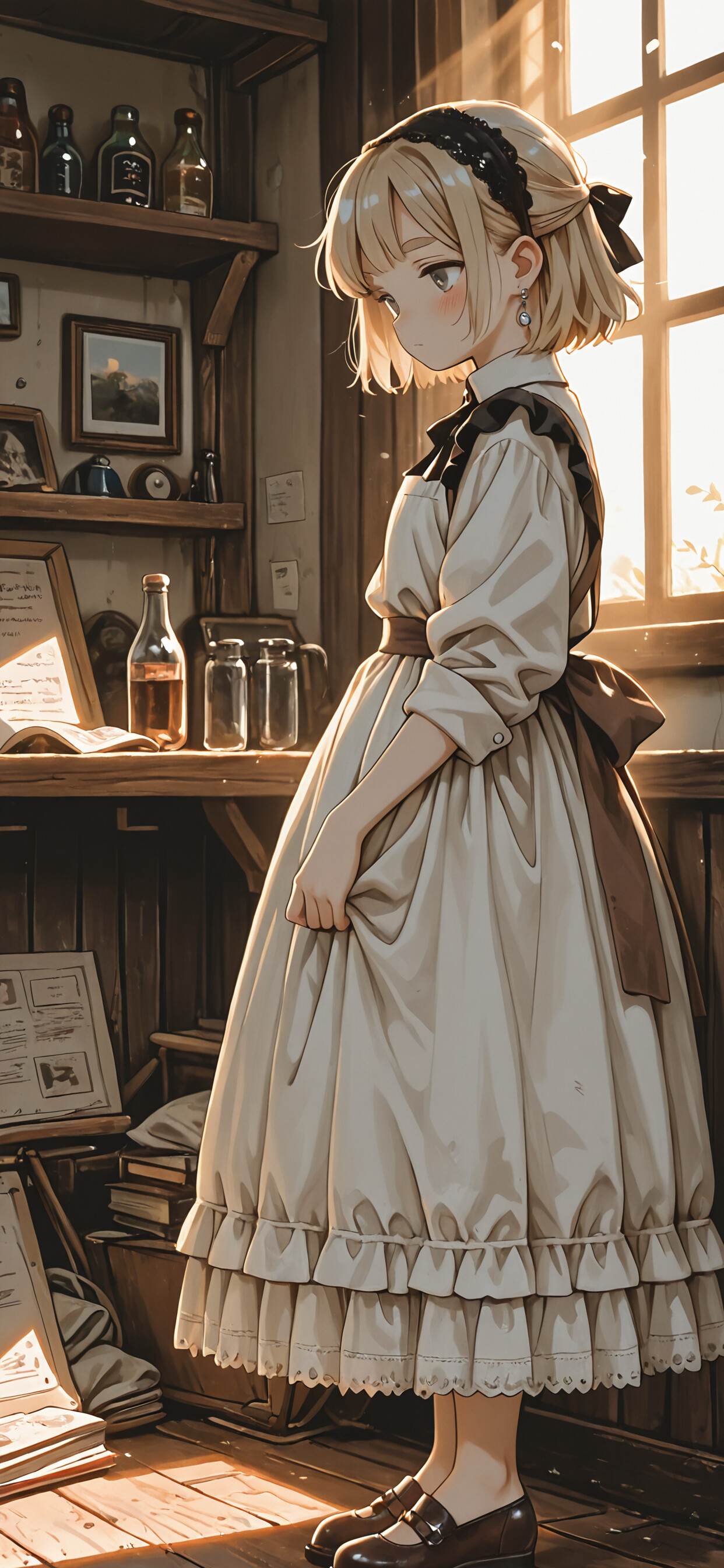 An anime-style illustration of a young girl with short blonde hair in a vintage white and brown dress, kneeling in a cluttered, sunlit workshop and leaning over a wooden desk to read a large, open book.
