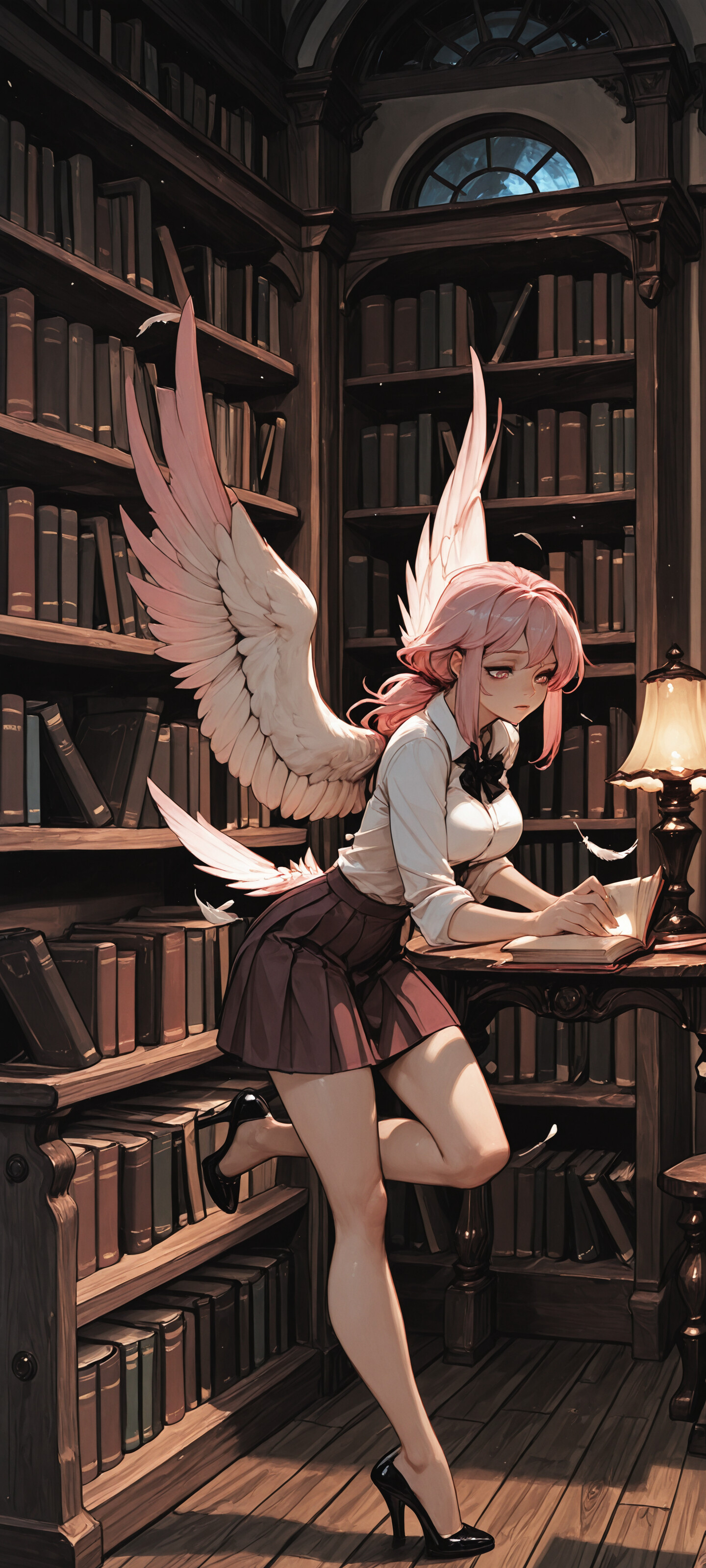 An illustration of Flamelapice from Granblue Fantasy, a young woman with short pink hair and large pink wings, standing in a dark library. She is wearing a white shirt, a maroon skirt, and tall brown boots, leaning over a desk with a book and a lit lamp.