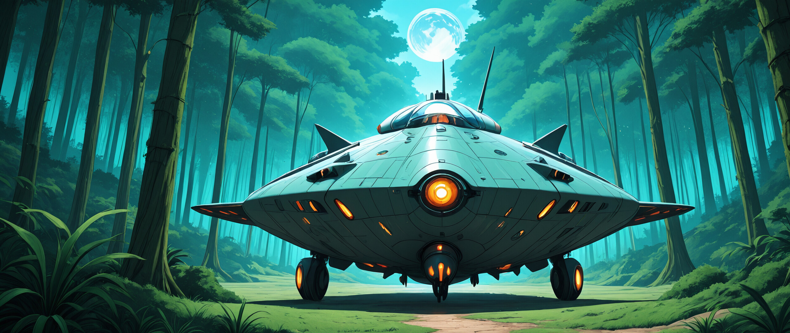 A light green, retro-futuristic spaceship with its landing gear down, parked on a dirt path in the middle of a lush, green forest with tall trees, depicted in a detailed anime art style.