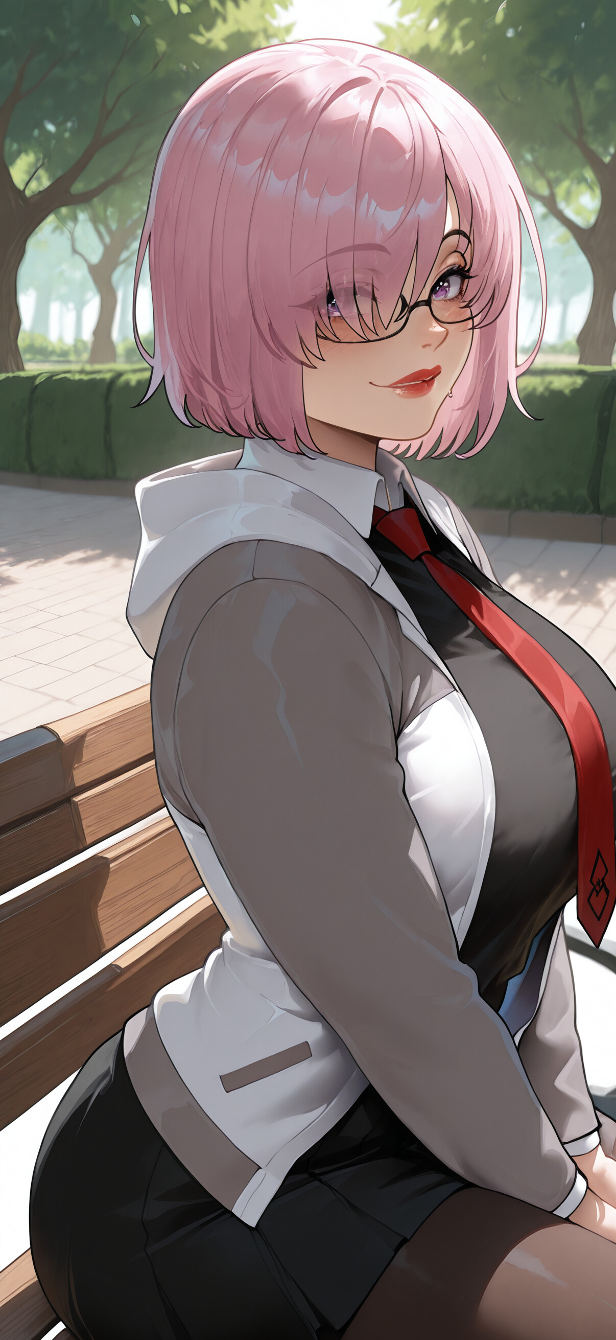 An anime-style illustration of Mash Kyrielight, a girl with short pink hair and glasses, sitting on a park bench. She is wearing a grey hooded jacket over a black dress with a red tie and is smiling towards the viewer.
