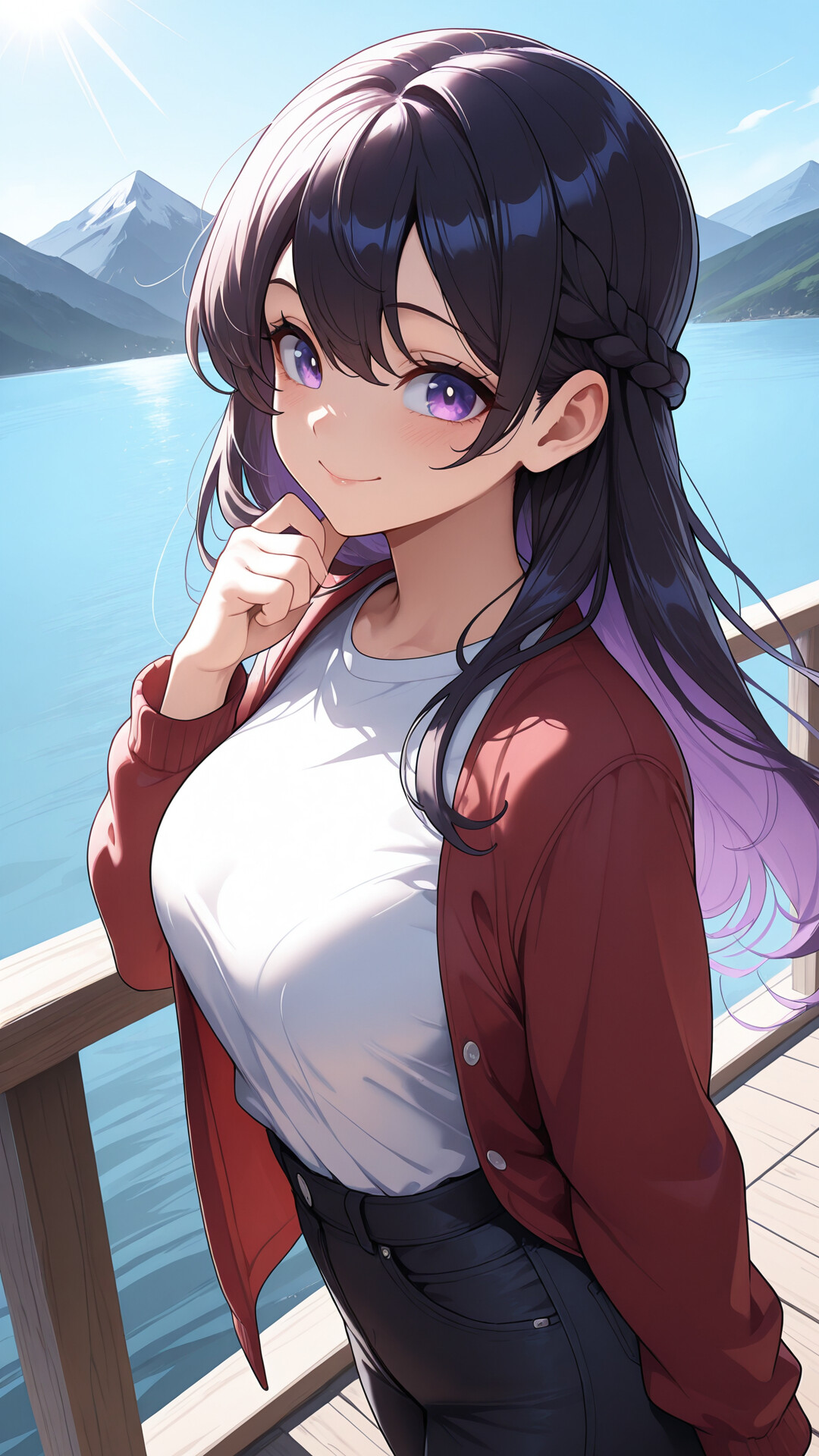 An anime-style girl with long black hair in a braid and purple eyes, smiling at the camera. She wears a white shirt and red jacket, standing by a lake with a snow-capped mountain in the background under a sunny sky.