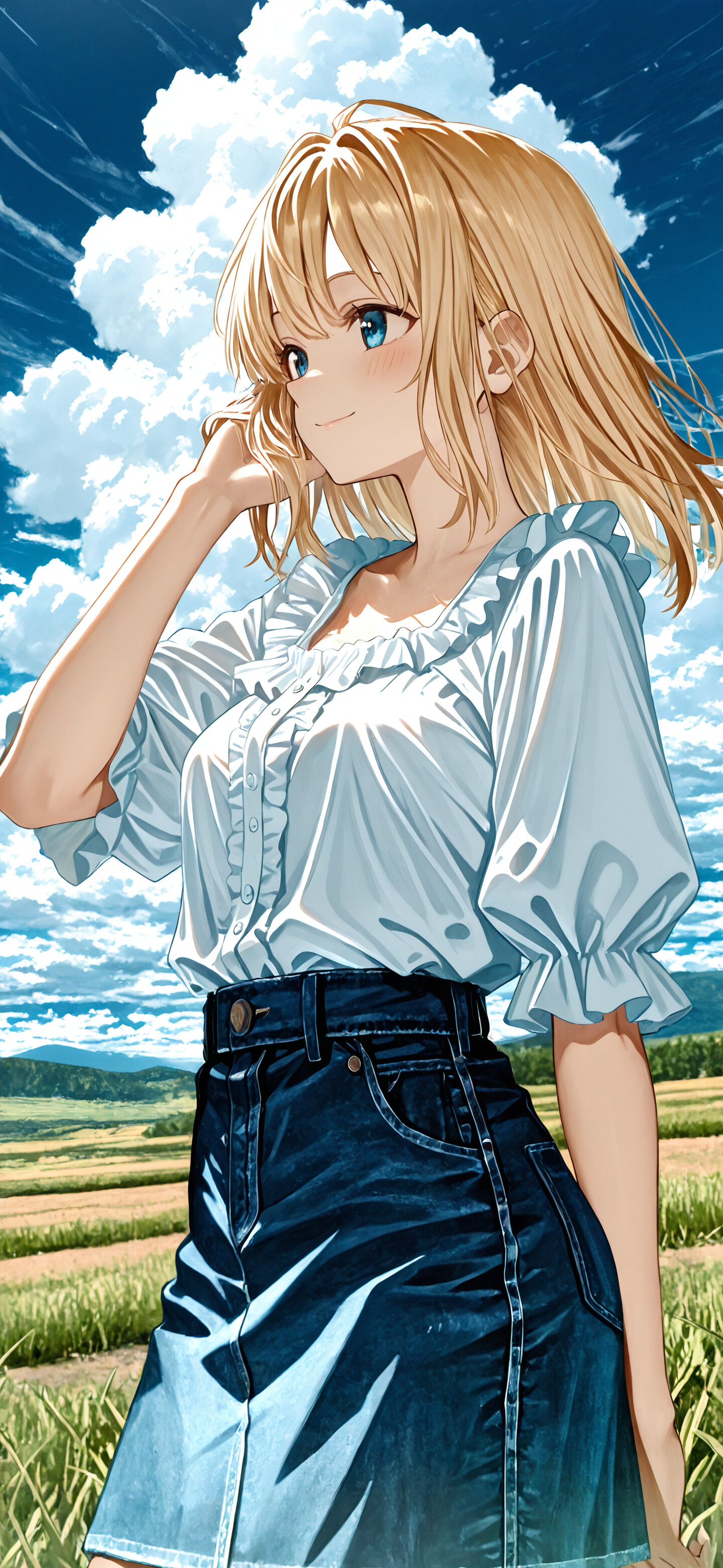 An anime girl with short blonde hair and a white blouse standing in a grassy field on a sunny day. She is smiling and looking to the side, with her hand in her hair, against a backdrop of a blue sky with clouds.