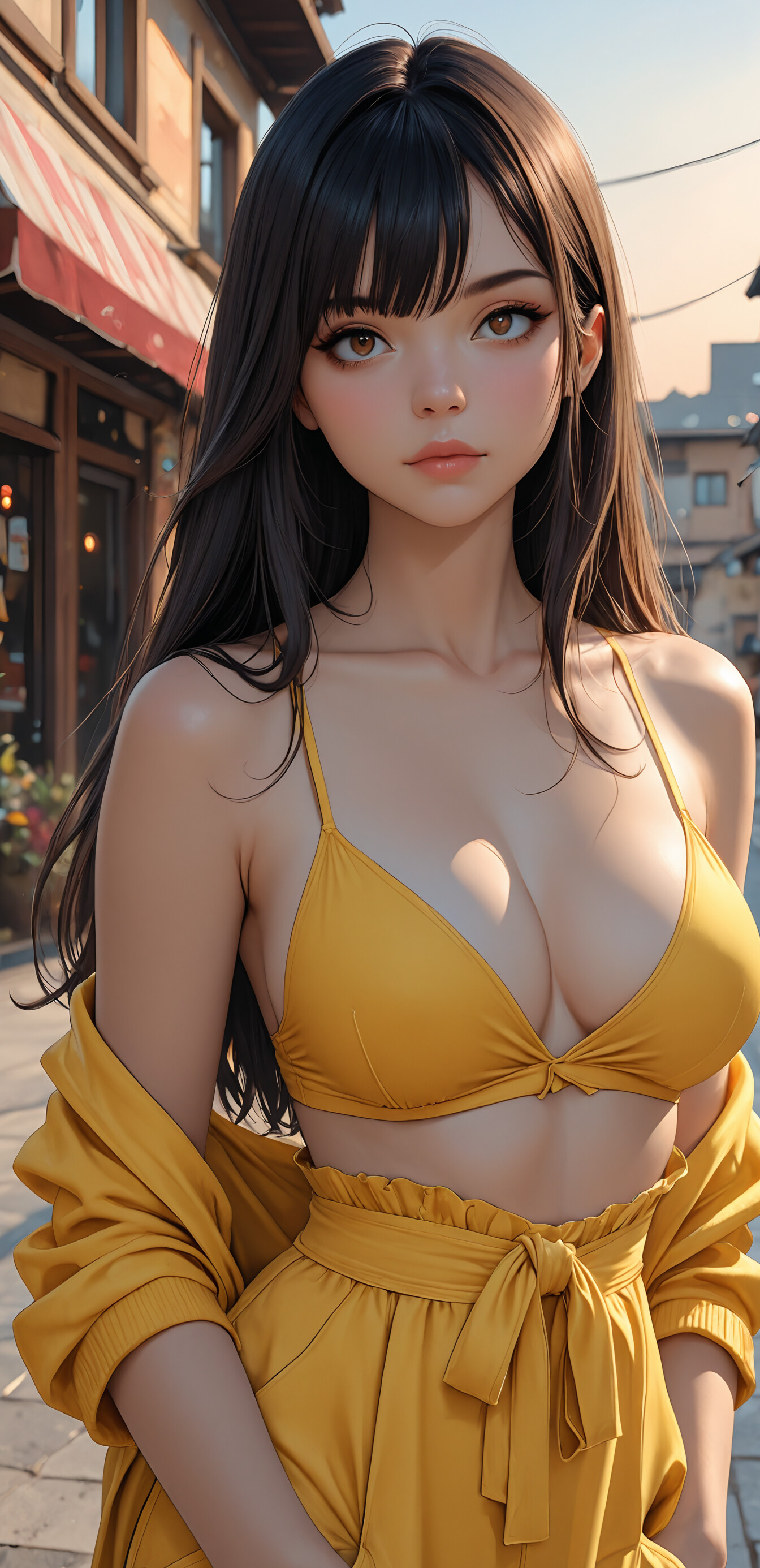 An illustration of a young woman with long, muted blue-green hair and a yellow dress, leaning against a black railing next to a canal in a European-style town.