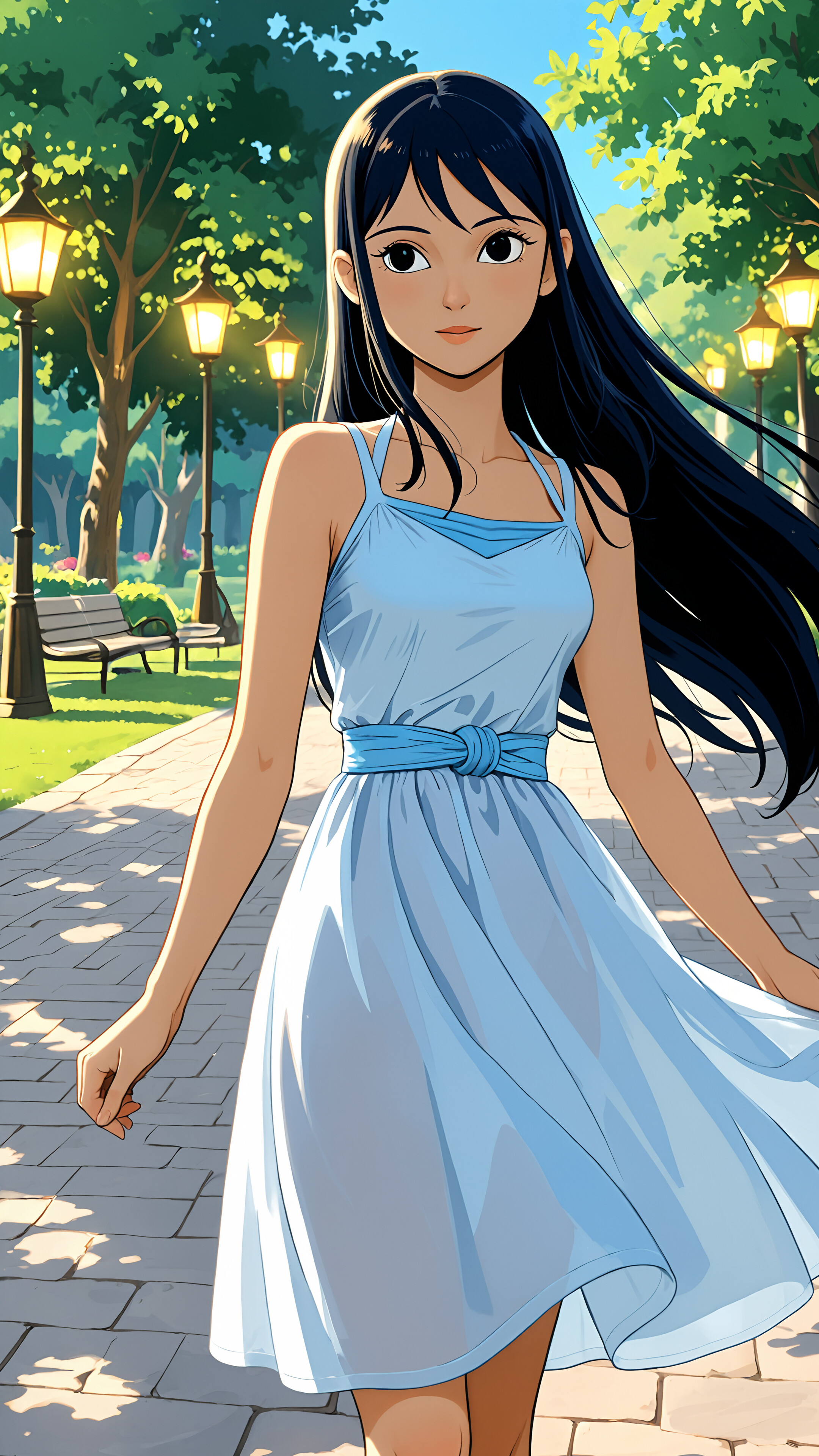 An anime-style illustration of a young woman with long black hair in a white summer dress, standing on a stone path in a park overlooking the ocean at sunset.
