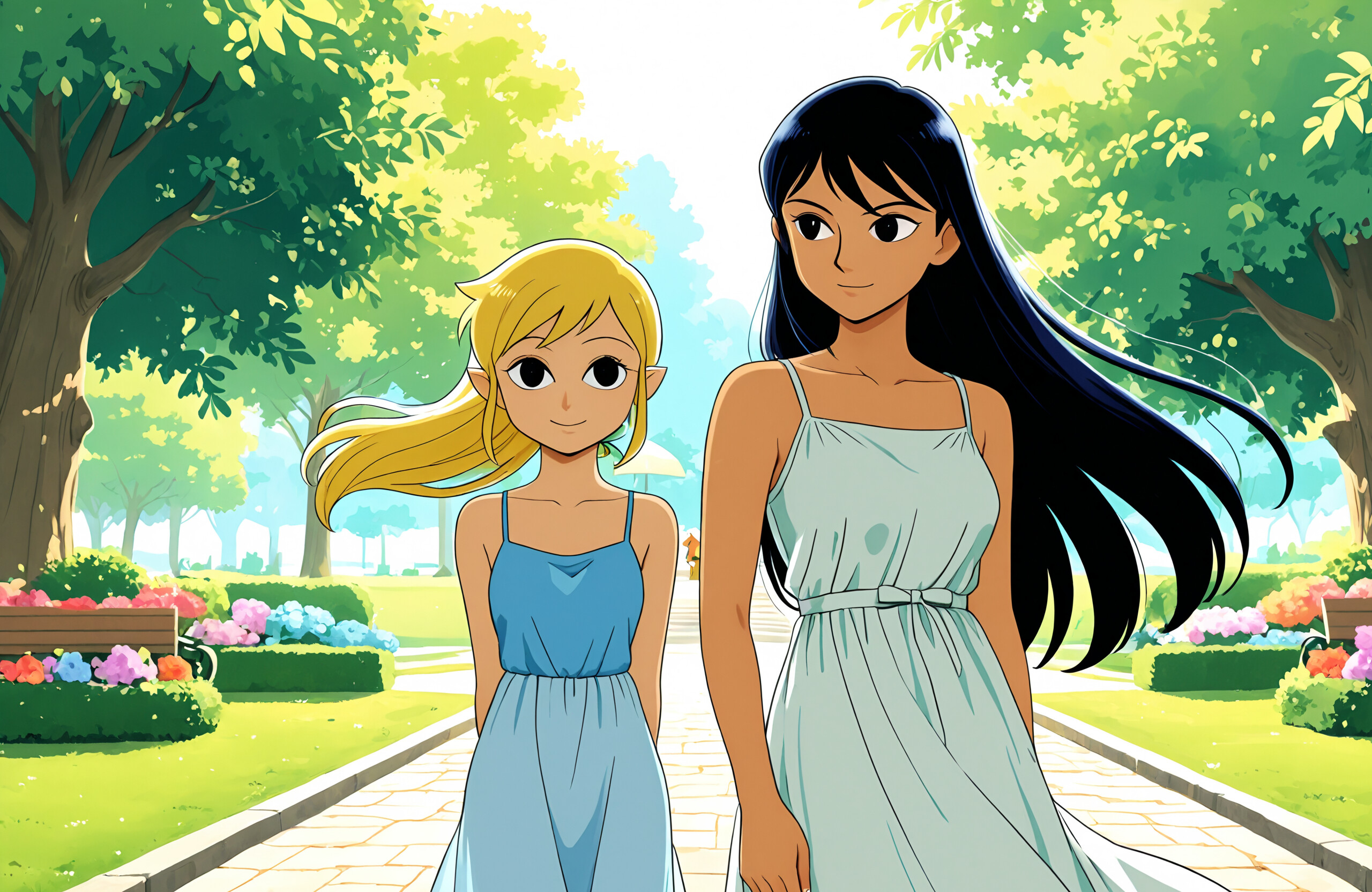 An anime-style illustration of a young woman with long black hair in a white summer dress, standing on a stone path in a park overlooking the ocean at sunset.