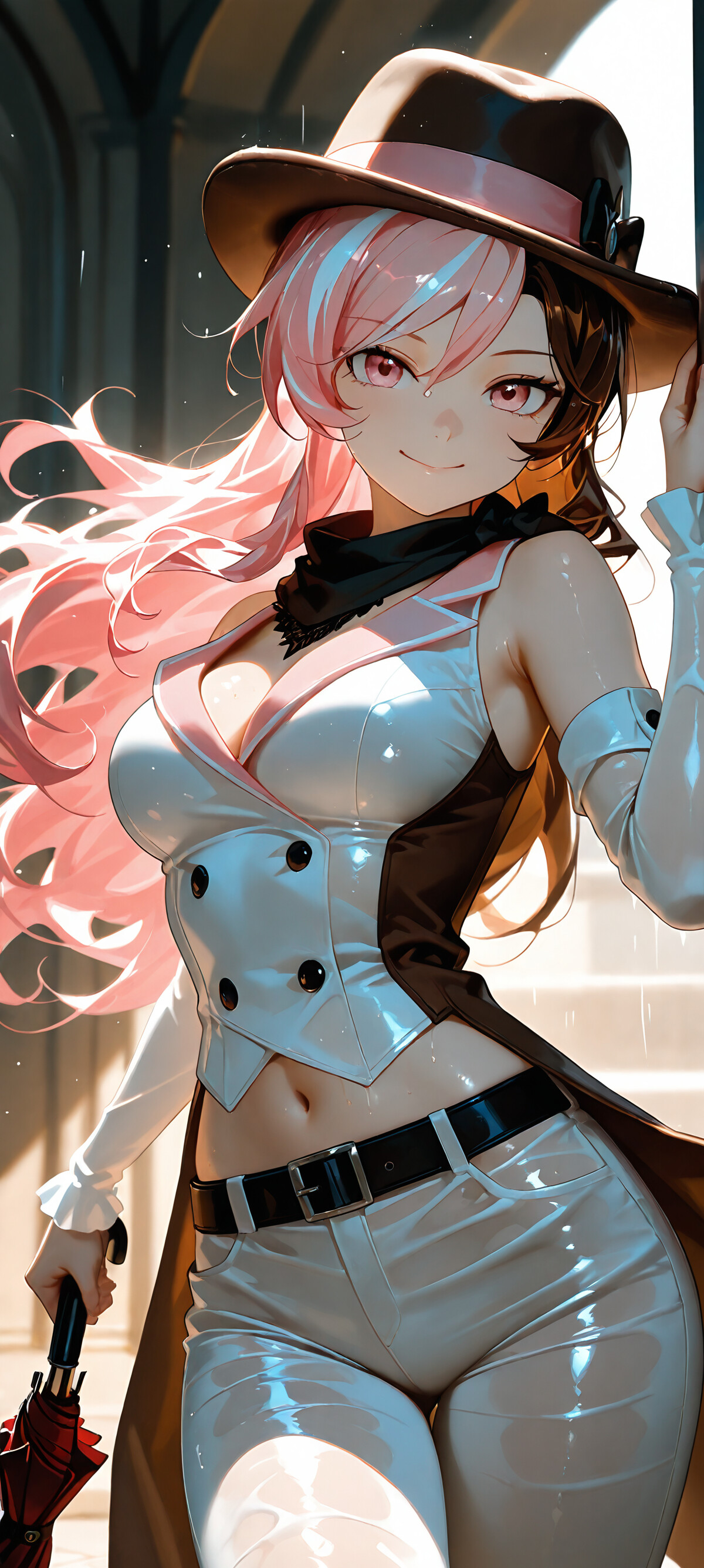 A full-length illustration of Neopolitan from RWBY smiling at the viewer. She has long pink and brown hair, wears a brown bowler hat, a brown coat over a white vest, and shiny white pants, while holding a closed umbrella in the rain.