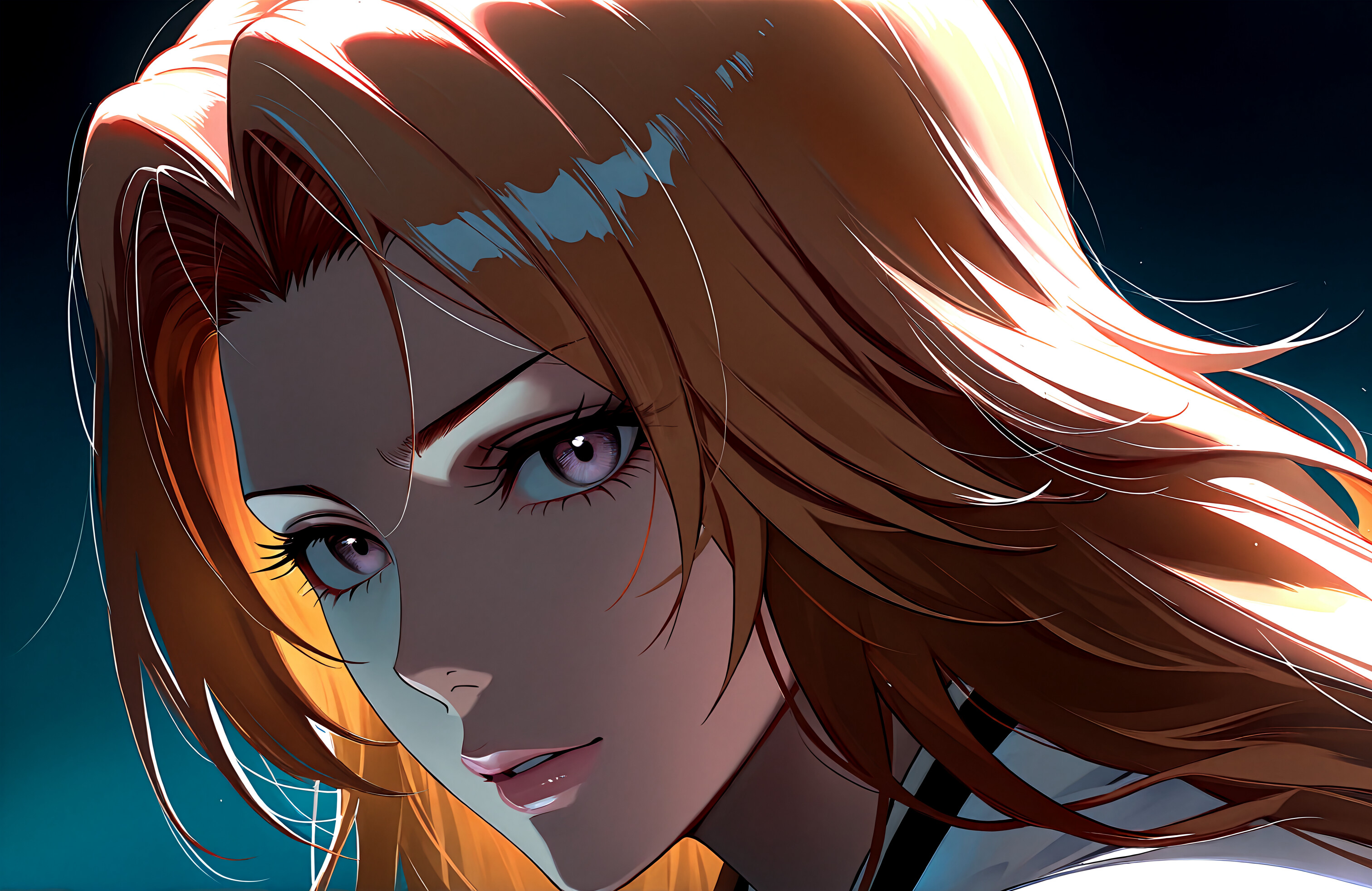 A close-up digital art portrait of Rangiku Matsumoto from Bleach with long, wavy, light brown hair. Her face is cast in dramatic shadow and light, giving her an intense and focused gaze.