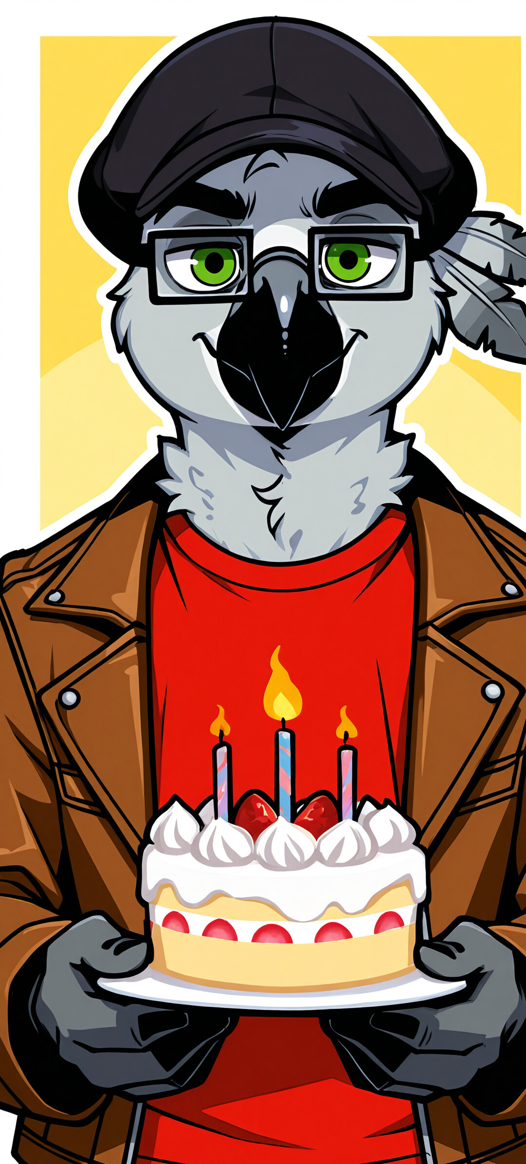 An anthropomorphic grey parrot with green eyes, glasses, a black cap, and a brown leather jacket, smiling as he holds a birthday cake with one lit candle.